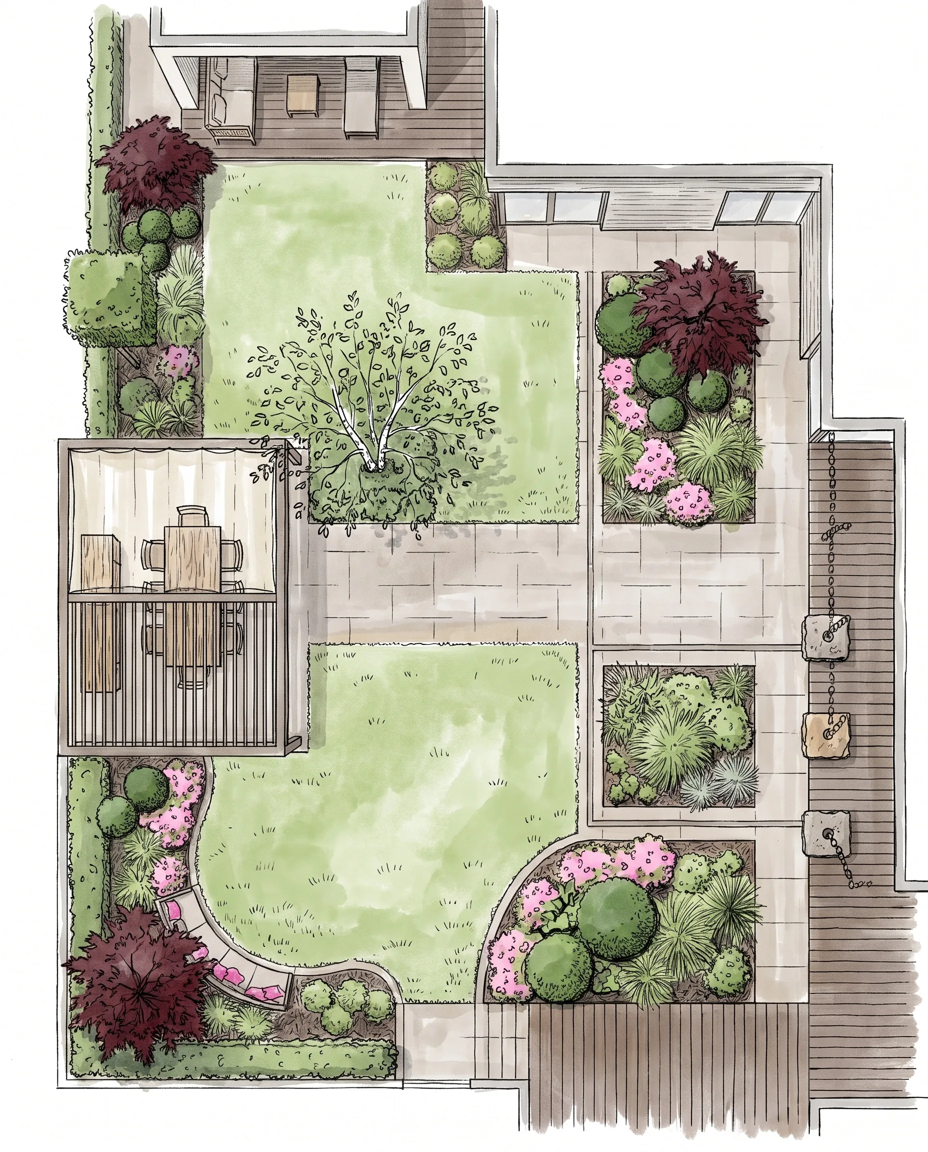 Drawn colour plan of a residential garden in top view with louvred pergola, two lawns, raised beds and wooden deck