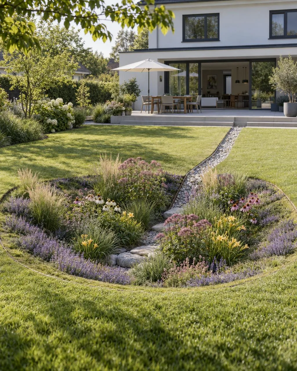 Shallow planted infiltration swale in the middle of the lawn, edged with steel, with woodland sage, daylilies, Joe-Pye weed and grasses; a gravel channel leads from the distant patio into the swale