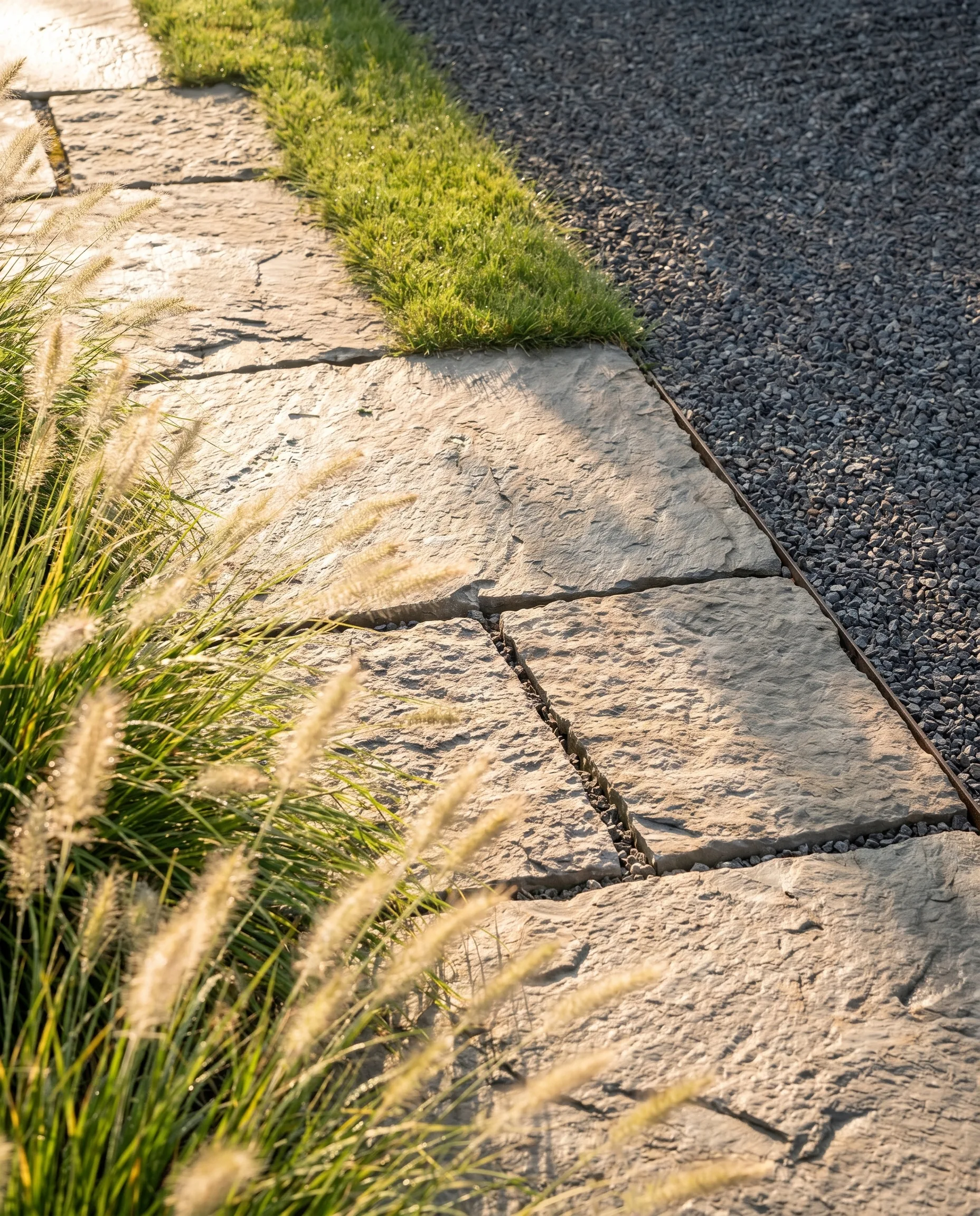 Nahaufnahme eines Natursteinwegs mit groben Fugen, frischem Rasensaum und Kies – hochwertige Gartengestaltung im Detail.