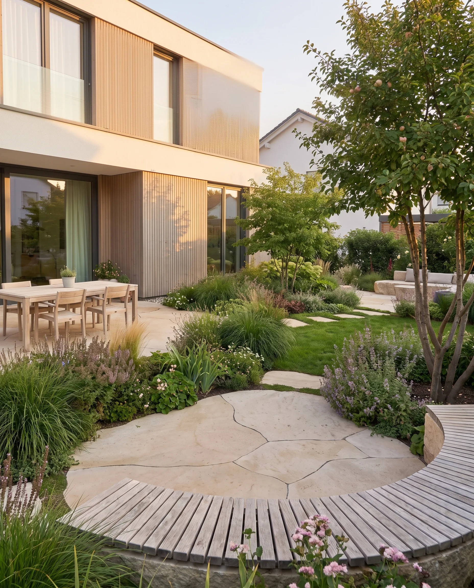 Design idea with a round limestone terrace, curved wooden bench and perennial beds at a modern detached house
