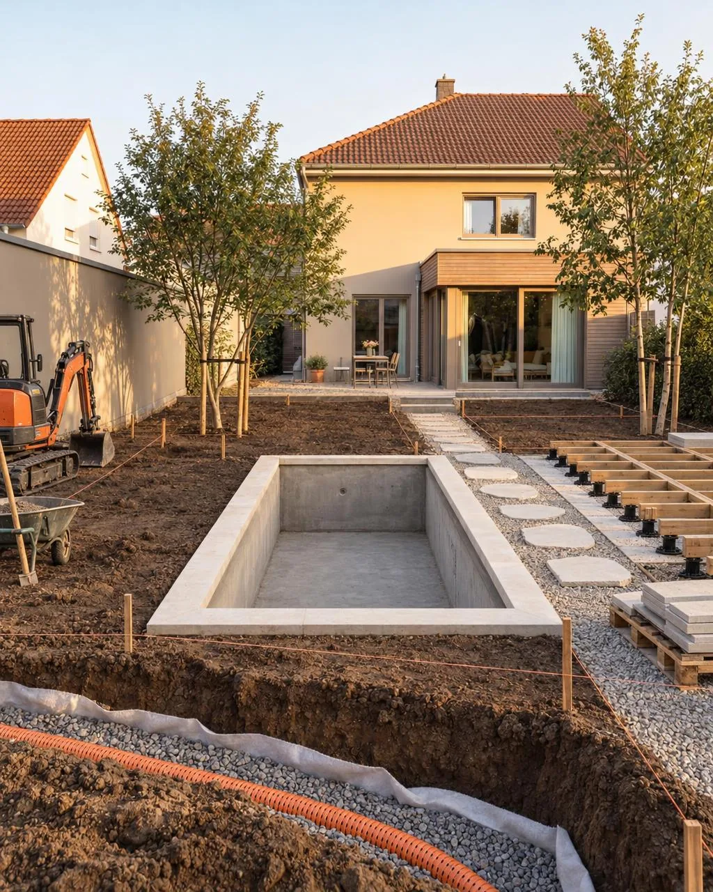 The same garden during construction: unplanted beds, an open trench with a crushed-stone base layer, fleece and drainage pipe, the concrete shell of the basin, the substructure of the wooden deck