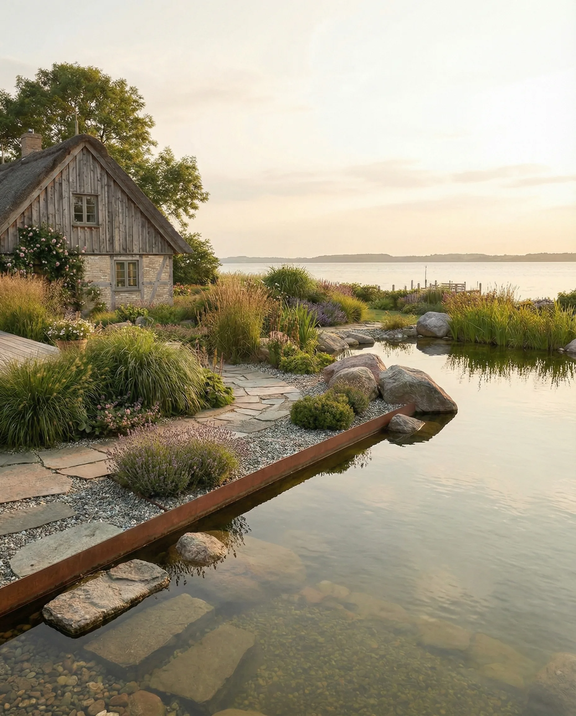 Premium garden design with swimming pond, corten steel edging, natural stone and flowering perennial planting along the shoreline.