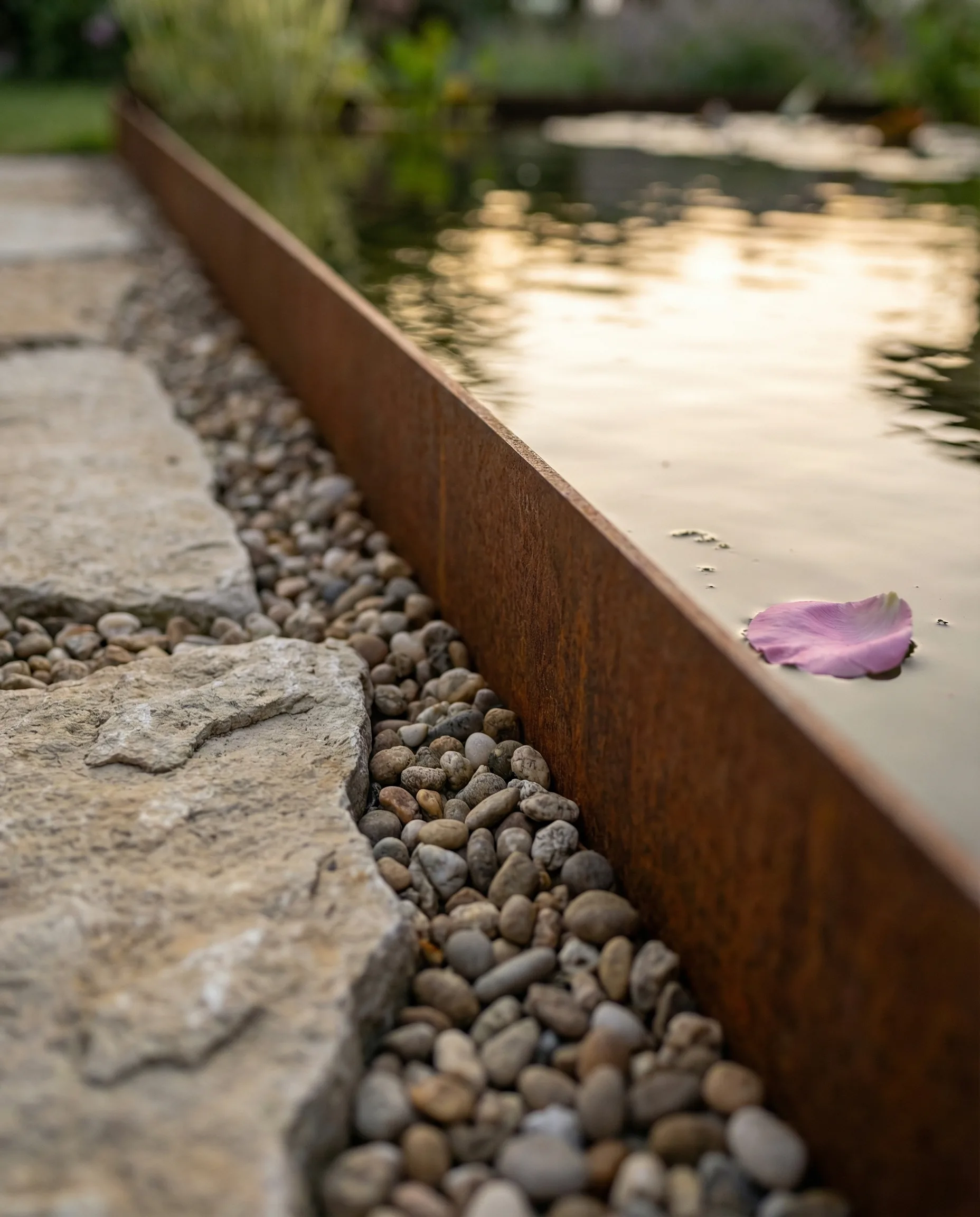 Modern garden design detail: corten-steel pond edge beside pebbles and natural stone in warm evening light, water reflection.