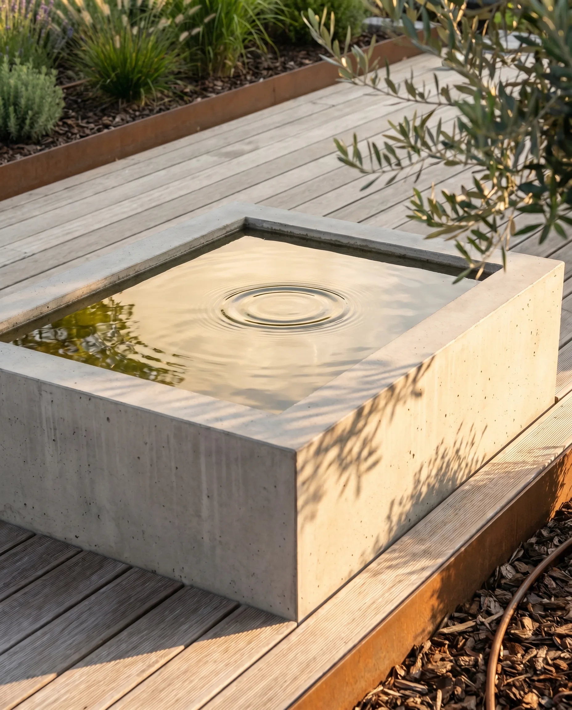 Hochwertiger Gartenbrunnen aus Sichtbeton mit konzentrischen Wasserringen auf einer Holzterrasse, flankiert von Olivenbaum und Gräsern.