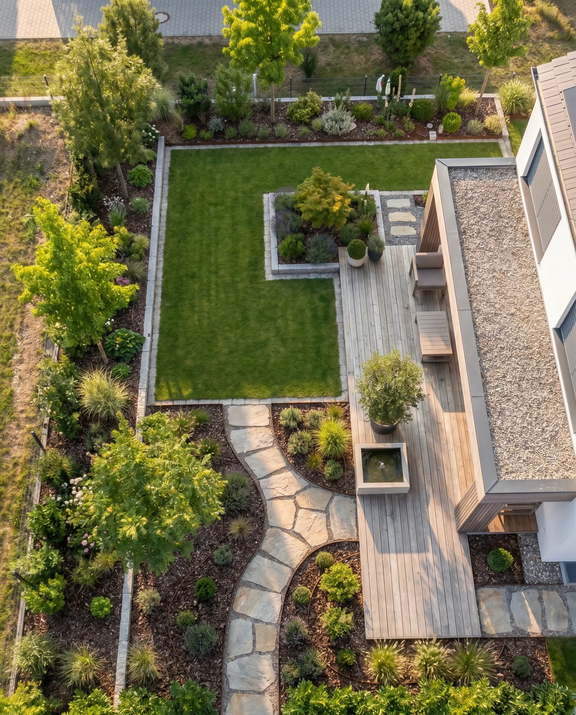 Professionelle Gartenplanung aus der Vogelperspektive: Rasenfläche, Natursteinpfad, Holzdeck mit Lounge und vielfältige Staudenpflanzungen.