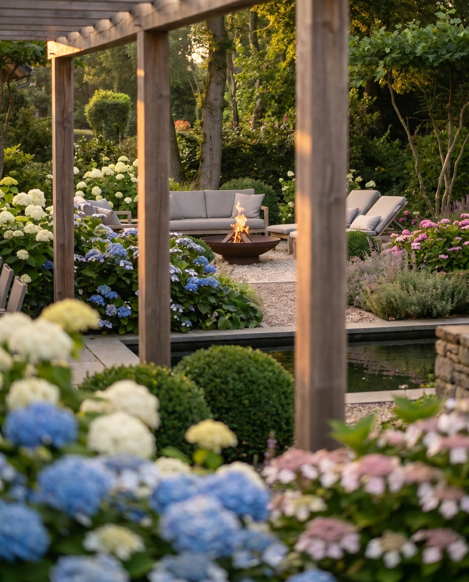 Hochwertige Außengestaltung: Blick durch Holzpergola auf gemütliche Lounge mit brennender Cortenstahl-Feuerschale, blauen Hortensien und gepflegten Buchsbaumkugeln.