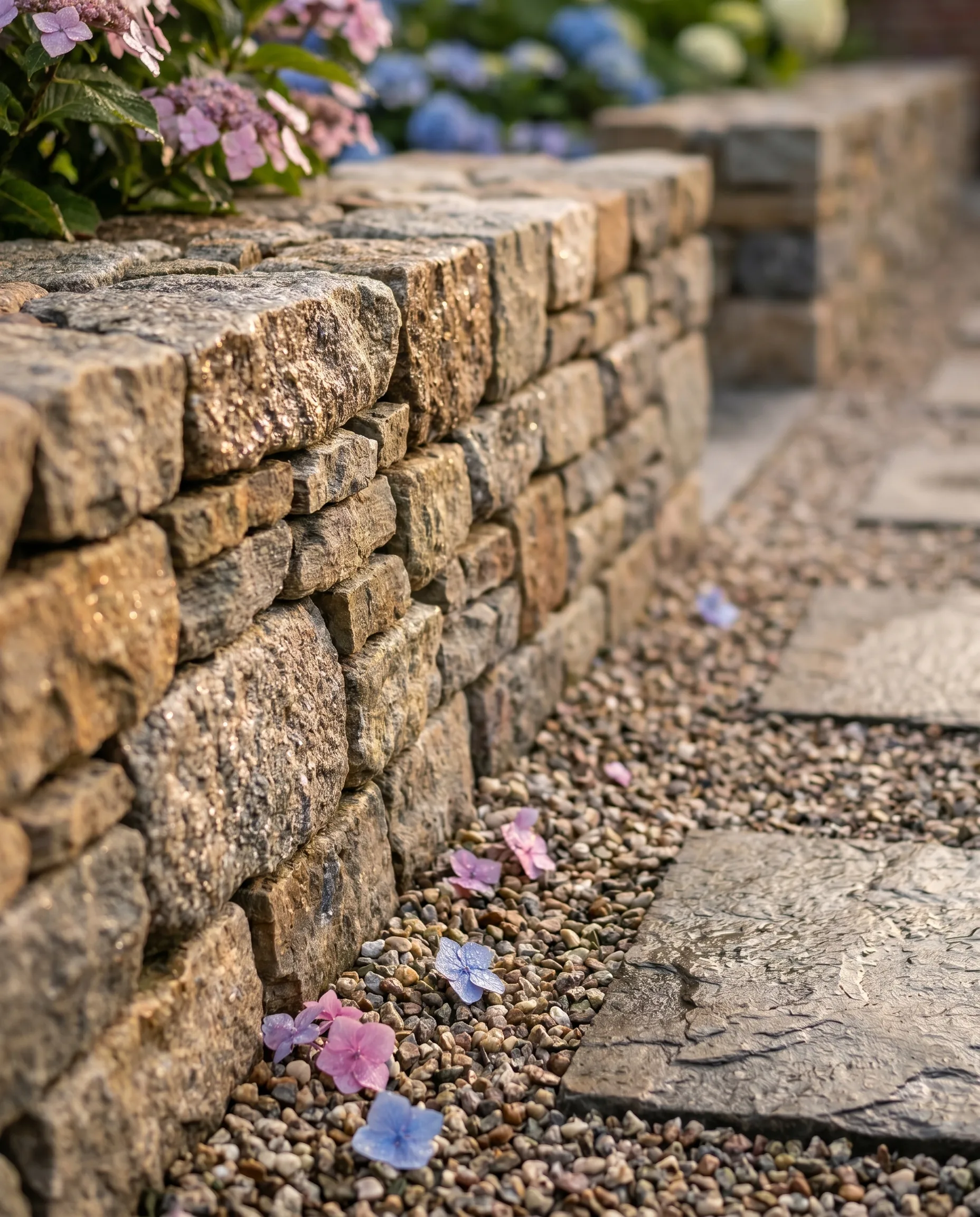 Naturnaher Premiumgarten: Nahaufnahme einer handgeschichteten Natursteinmauer mit Kiesbett, auf dem rosa und blaue Hortensienblüten im Sonnenlicht liegen.