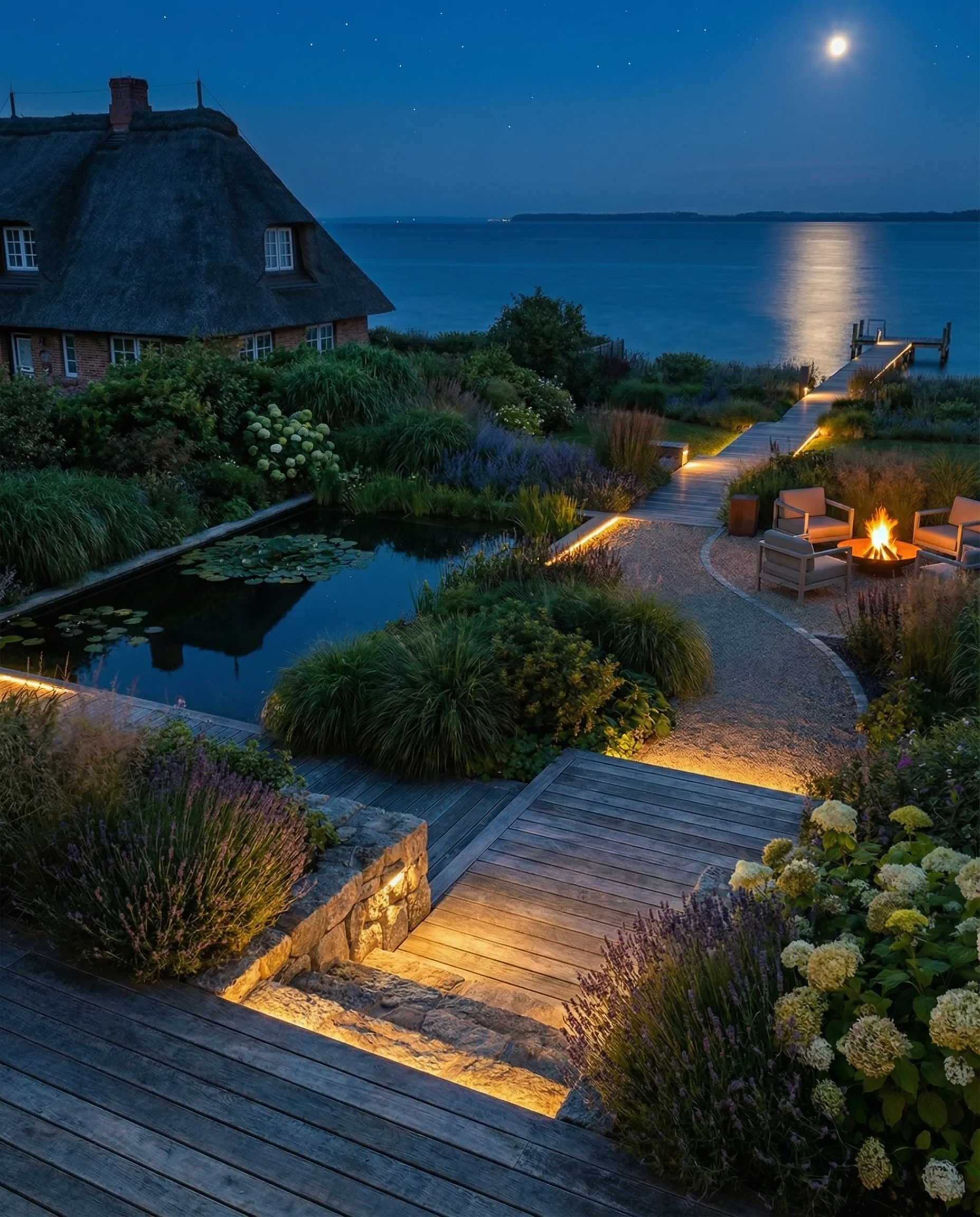 Hochwertige Gartengestaltung bei Nacht: beleuchtete Holzdecks, Natursteinmauer, Teich mit Seerosen und Meerblick unter Sternenhimmel.