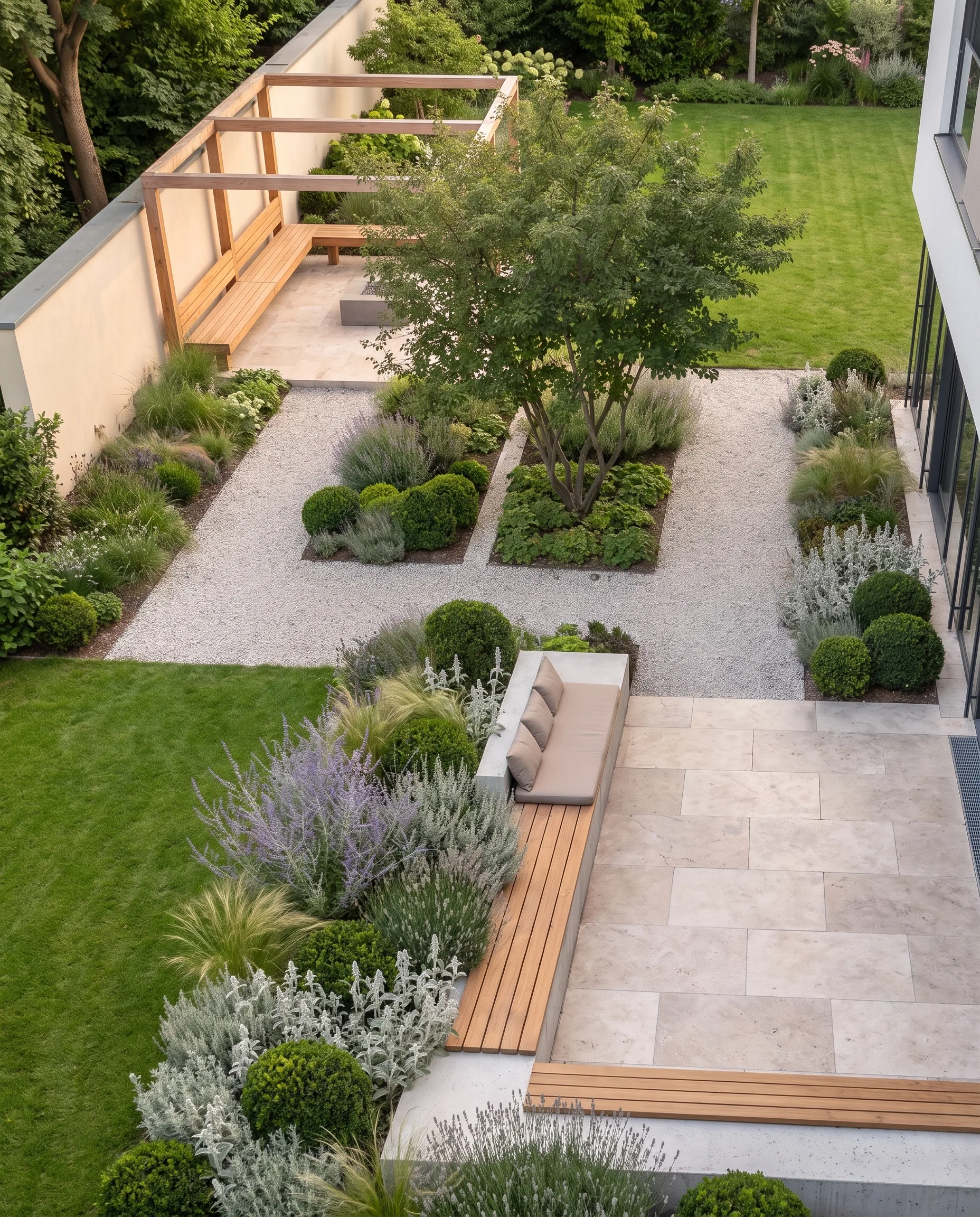 The same garden at an angle from above with travertine terrace, wooden bench, gravel courtyard with tree, pergola and lawns