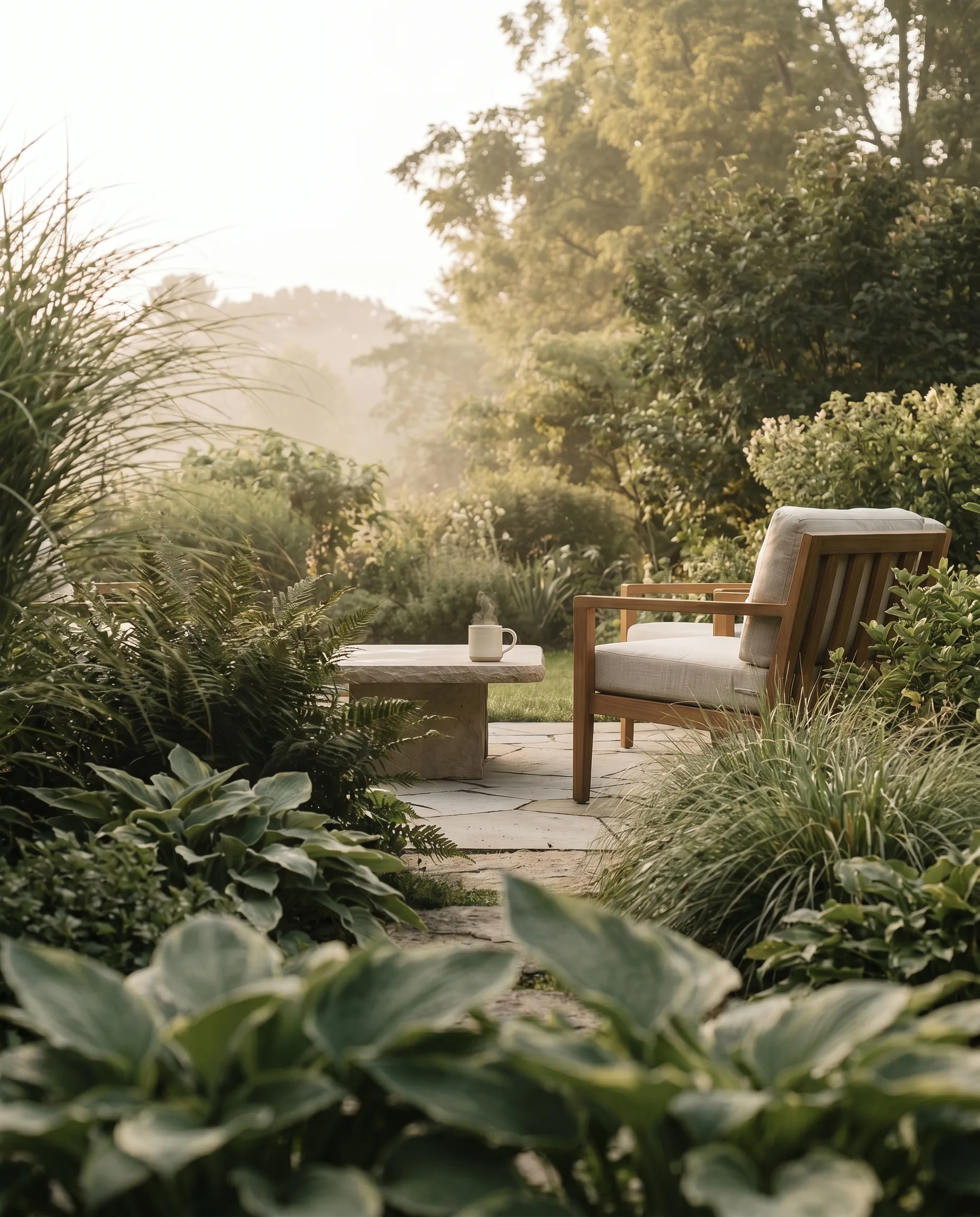 Garten neu gestalten nach Hauskauf: Sitzplatz aus Naturstein mit Holzsessel, eingebettet in üppige Hosta- und Farnbepflanzung im Morgendunst.