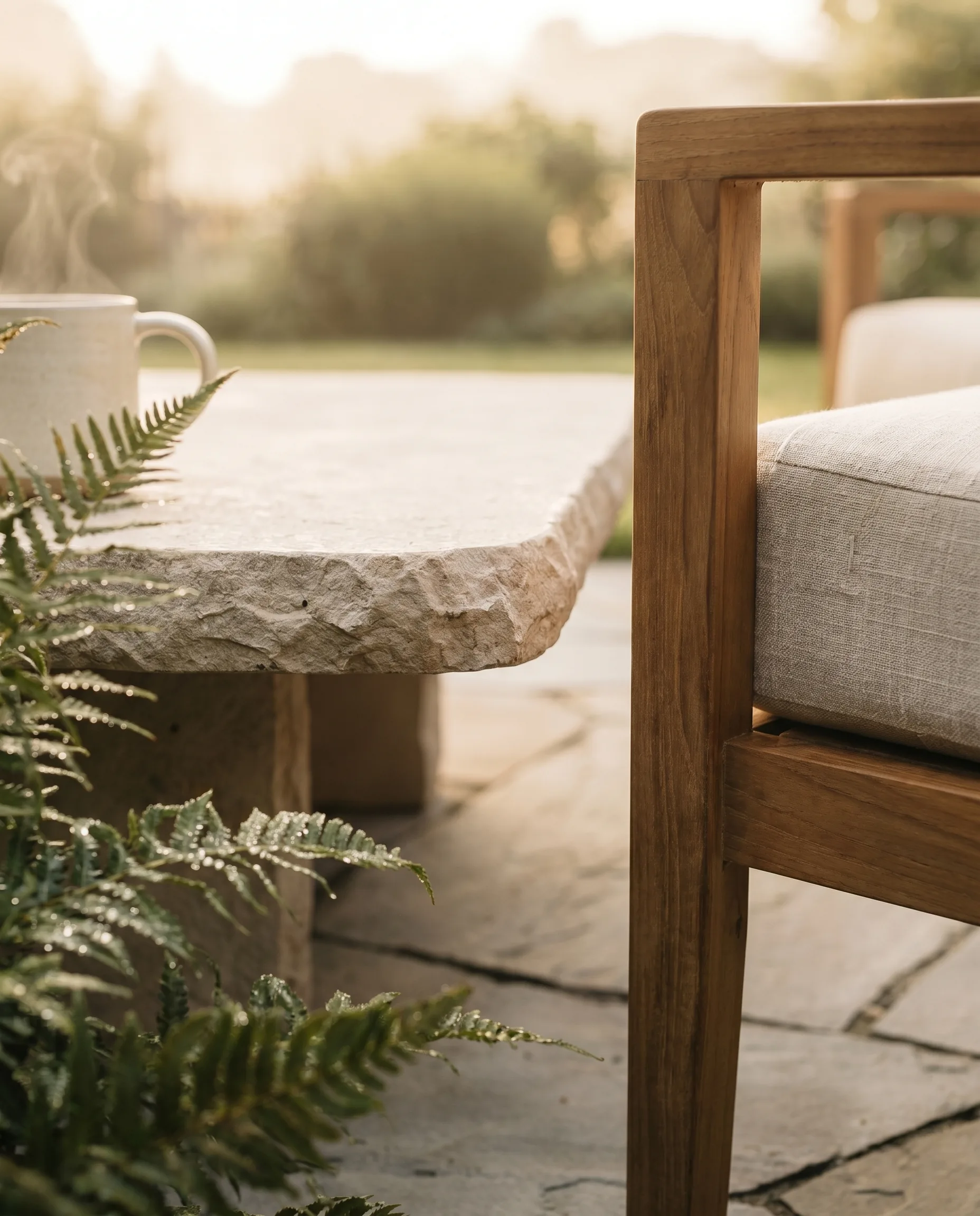 Hochwertige Gartengestaltung im Detail: grob behauene Steinplatte und Teakholz-Sessel auf Natursteinboden, Farn mit Tautropfen im Vordergrund.