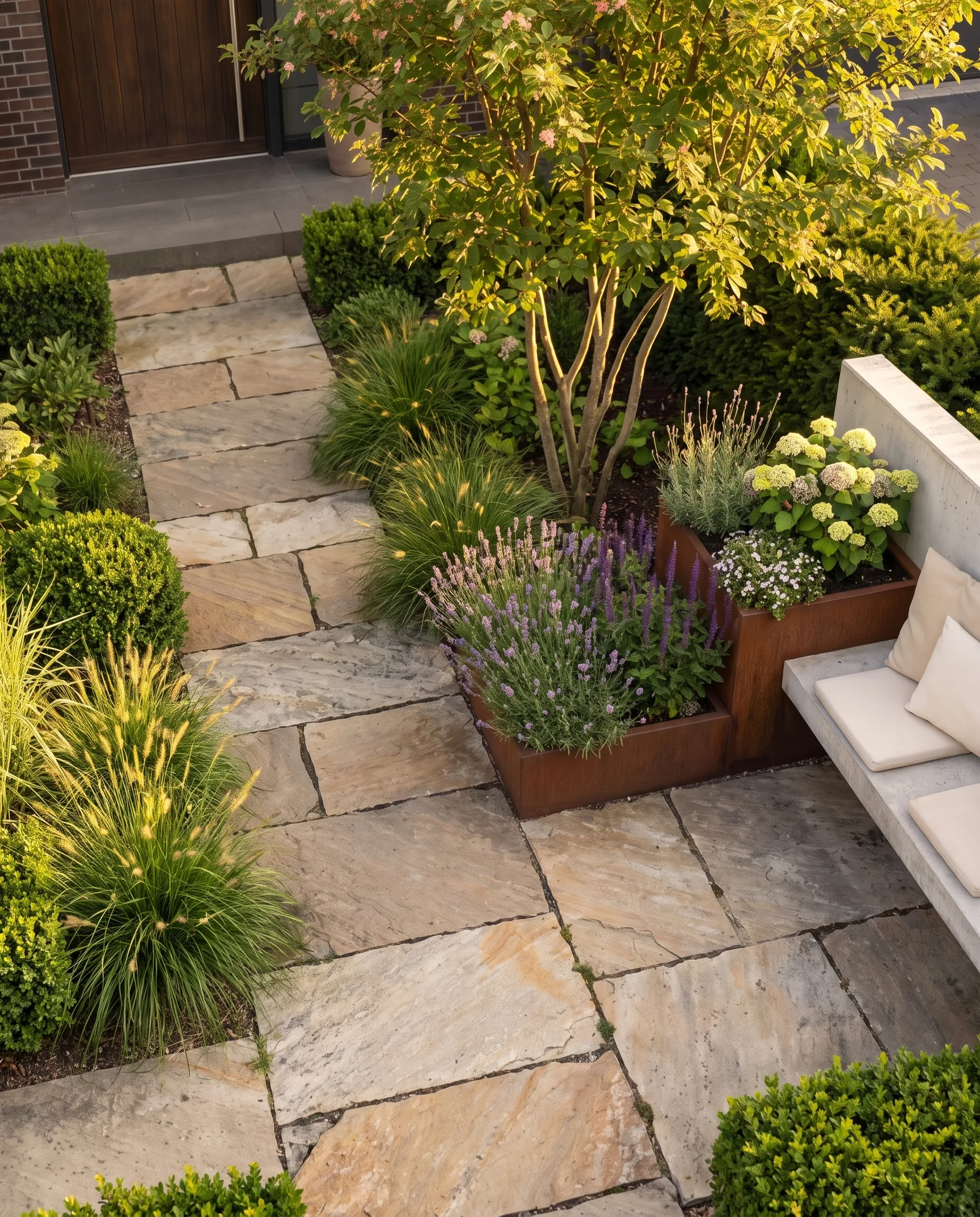 Entrance area with natural stone slabs in a rectangular bond, Corten steel raised beds with lavender, a concrete bench and box