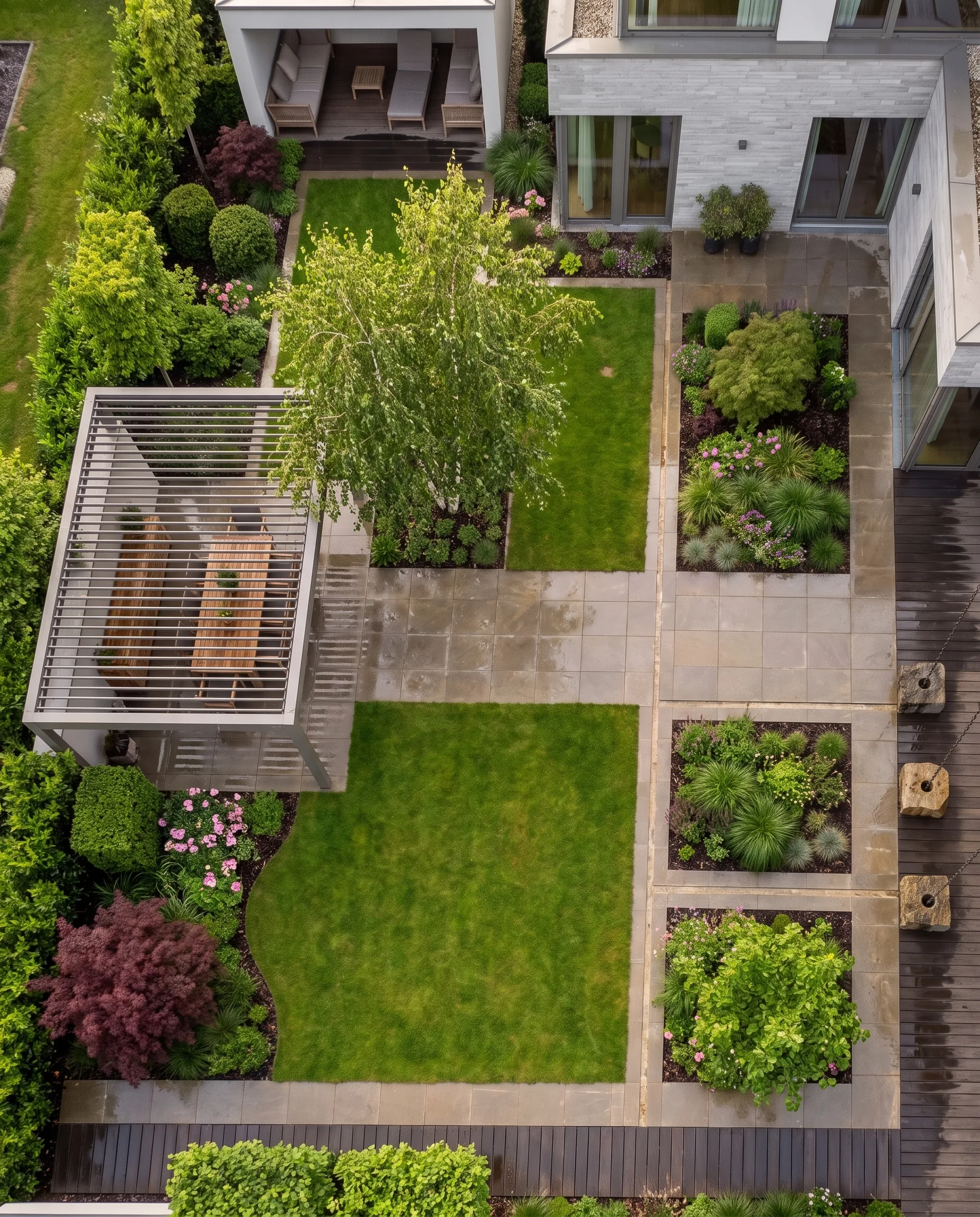 Residential garden from above with paved paths, two lawns, raised beds, louvred pergola and wooden deck