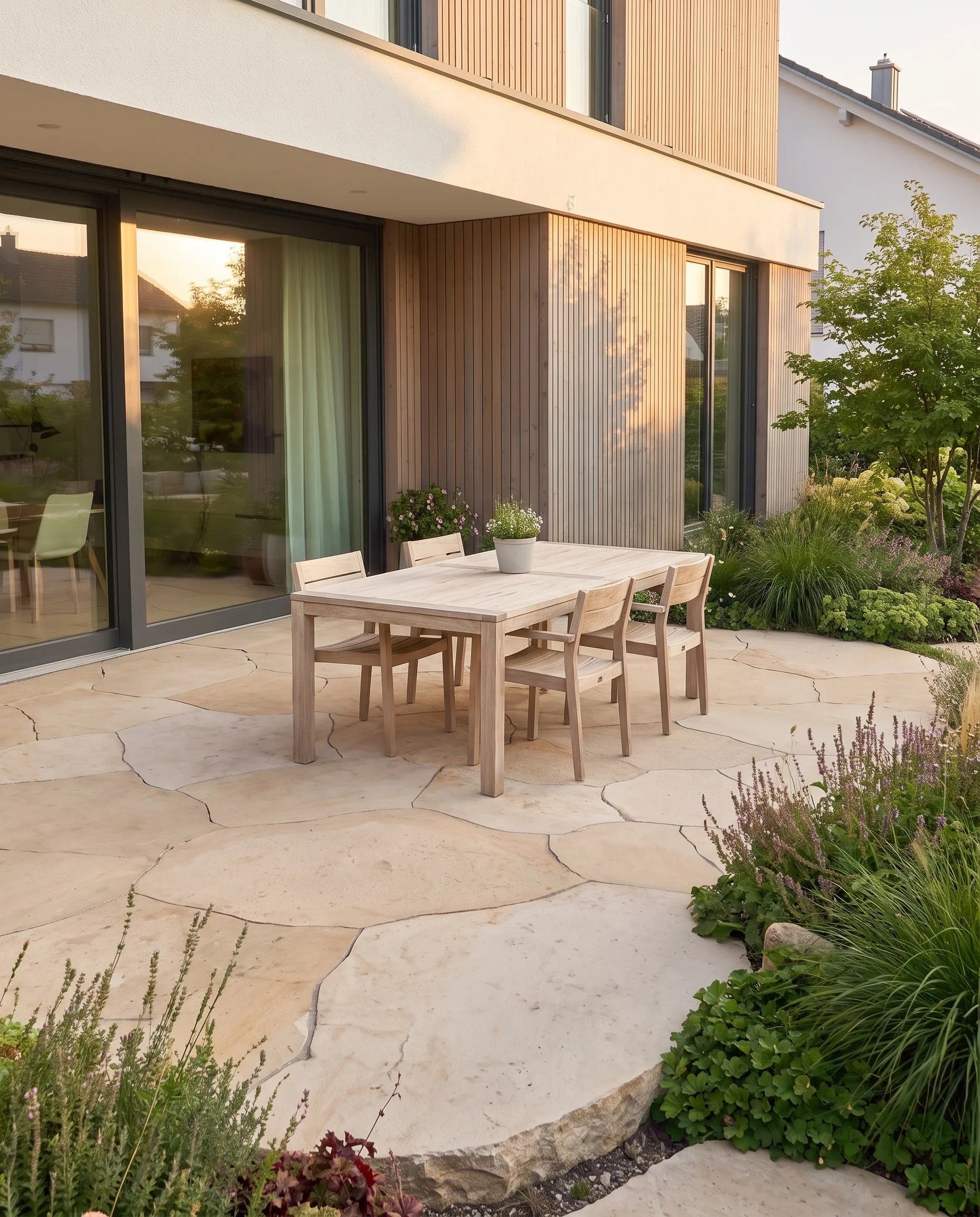 Polygonal limestone terrace with dining table, clearly visible joints, edges and planting