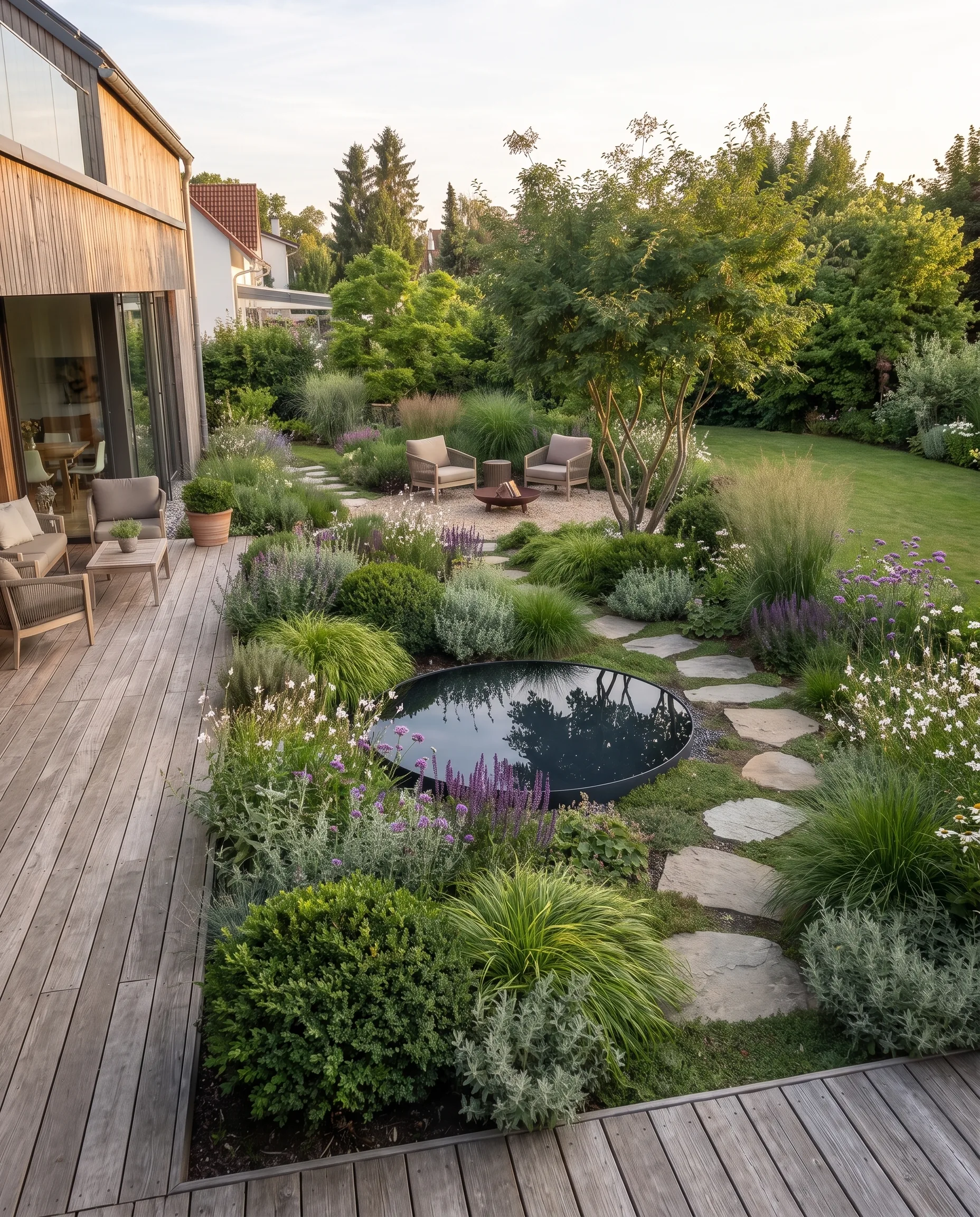 Naturalistic modern home garden with a timber deck, round water bowl, stepping stones through perennials and grasses, and a gravel area with armchairs