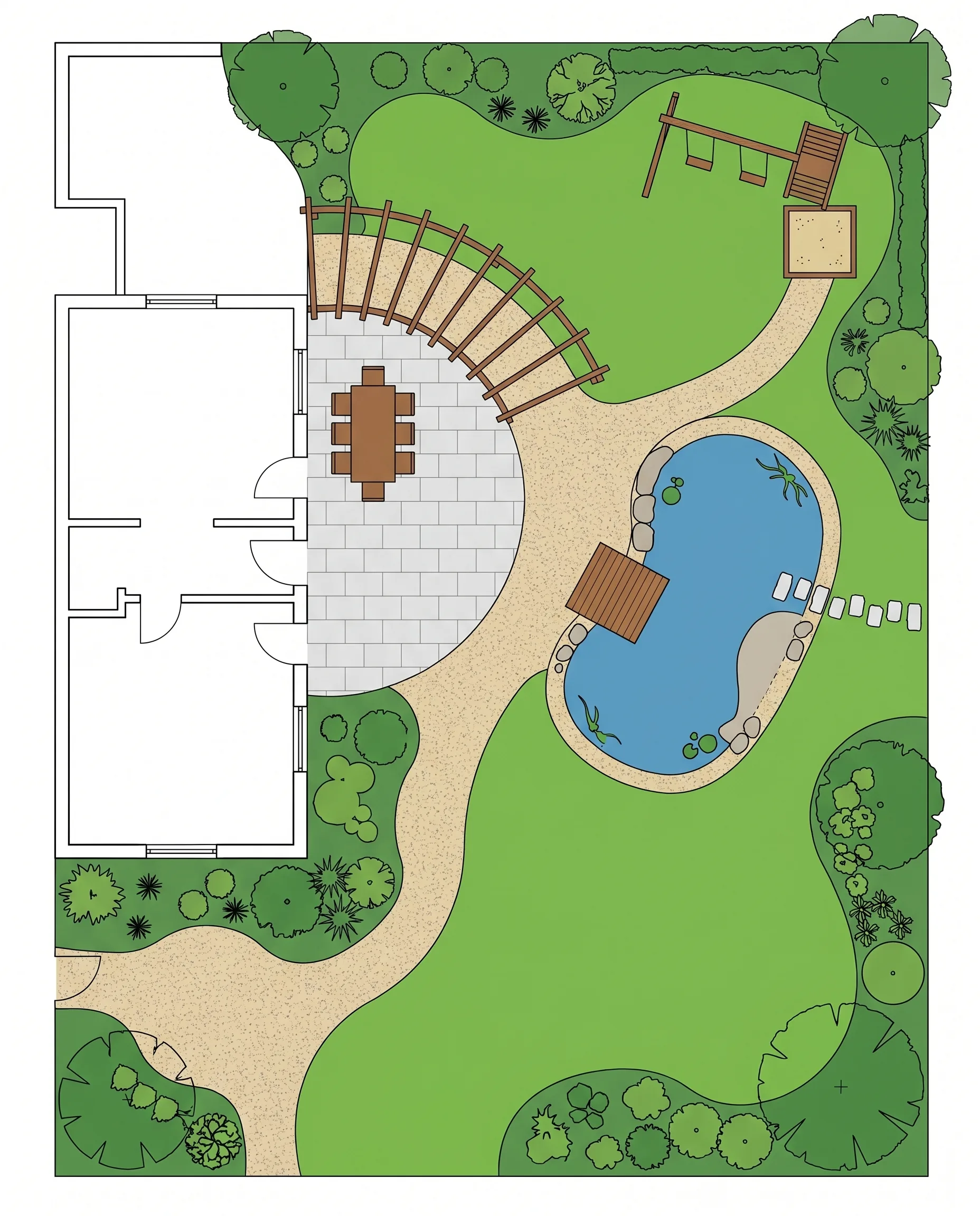 Professioneller Gartenentwurf als farbiger 2D-Grundriss mit Terrasse, Teich, Pergola, Rasenfläche und Spielbereich.