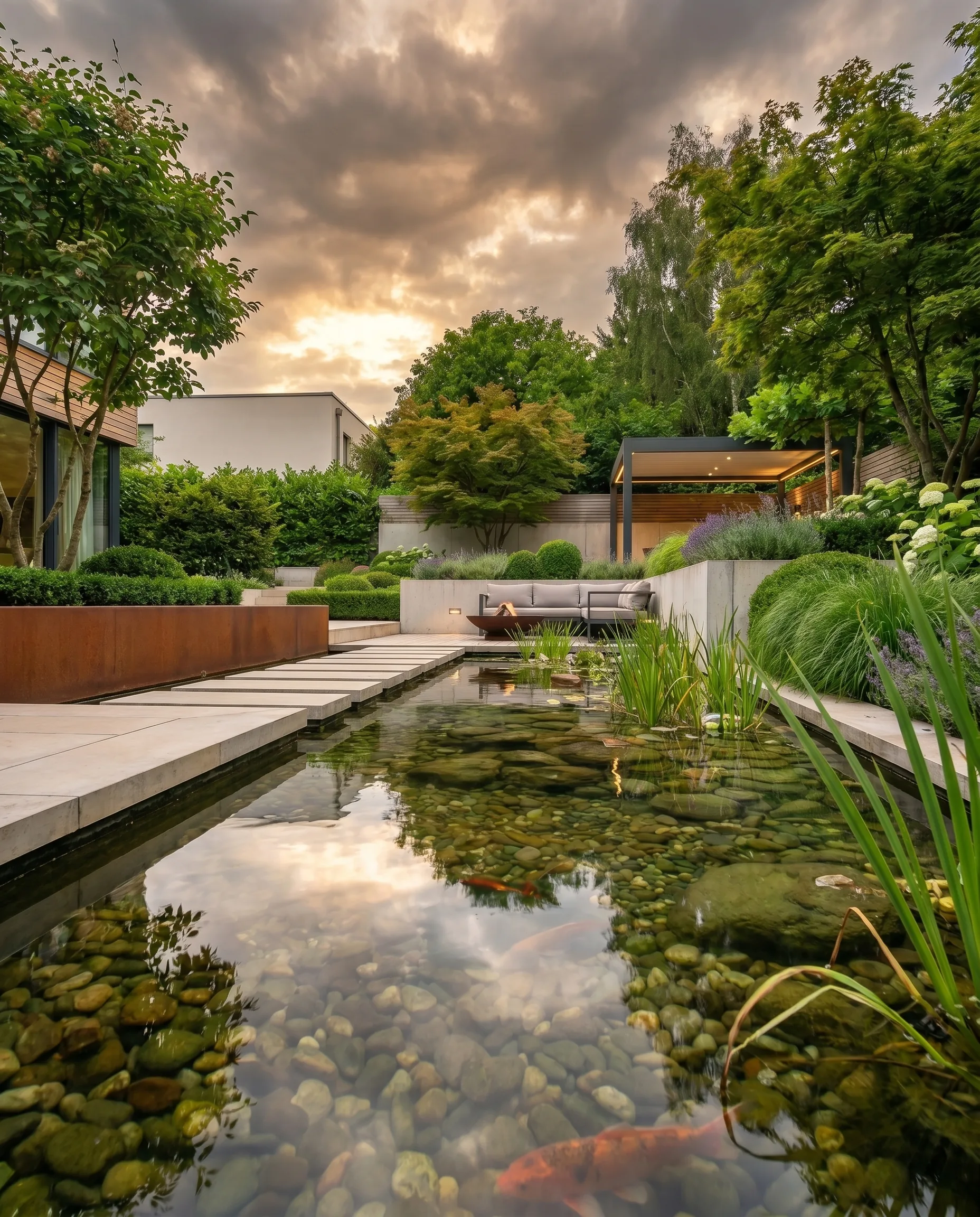 Naturnaher Premiumgarten mit klarem Koi-Teich, Steinsteg, Kugelgehölzen, Fächerahorn und Pergola im dramatischen Abendhimmel.