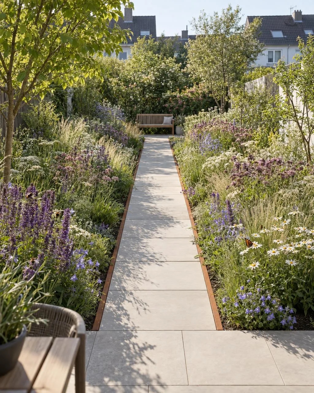 Straight path of pale natural stone slabs with a corten steel edge, dense native perennials with meadow clary, oxeye daisies and bellflowers on both sides, a wooden bench at the end