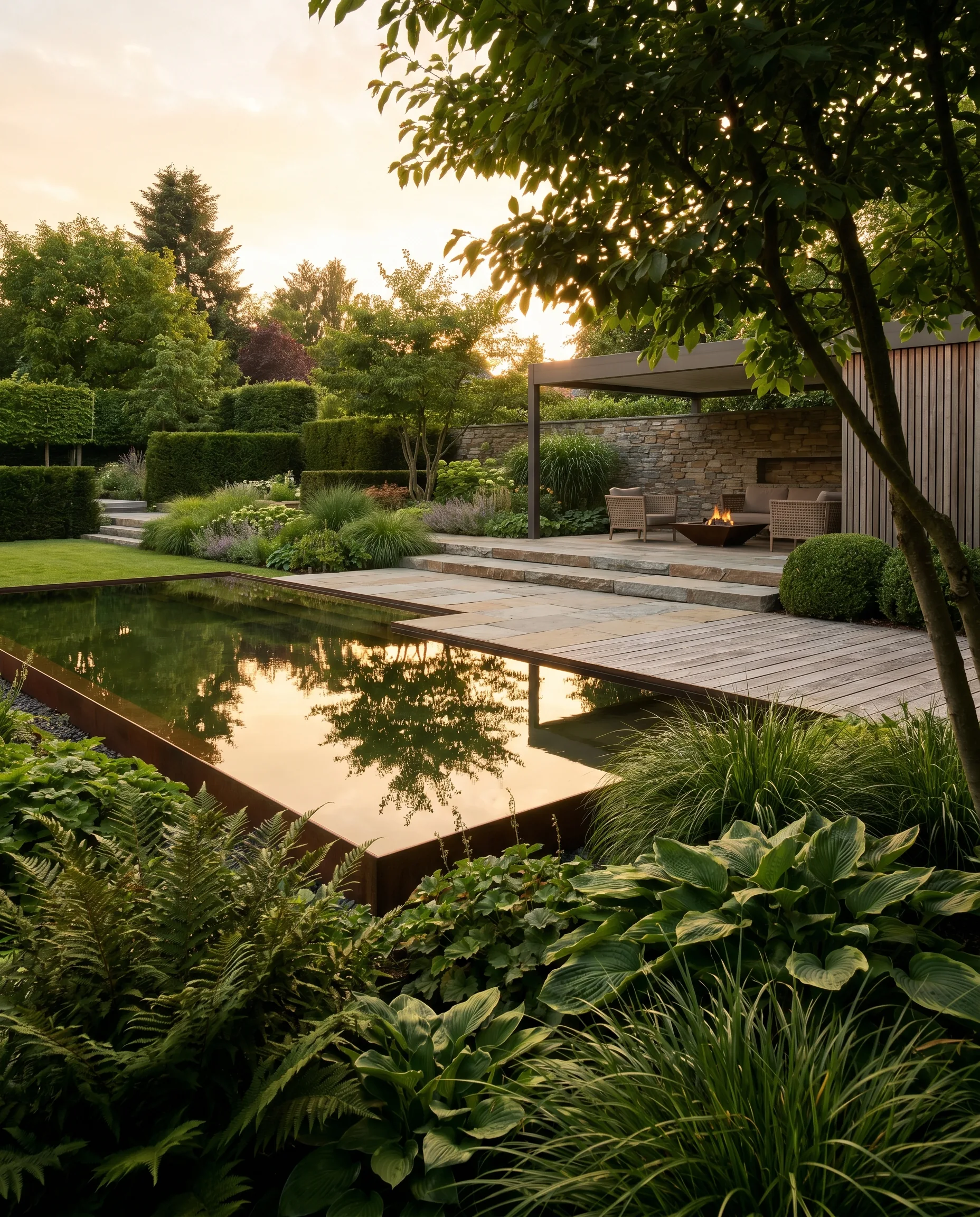 KI-gestützte Pflanzplanung: Spiegelteich mit Cortenstahl-Einfassung, üppigen Hostas, Gräsern und beleuchteter Pergola im Abendlicht.