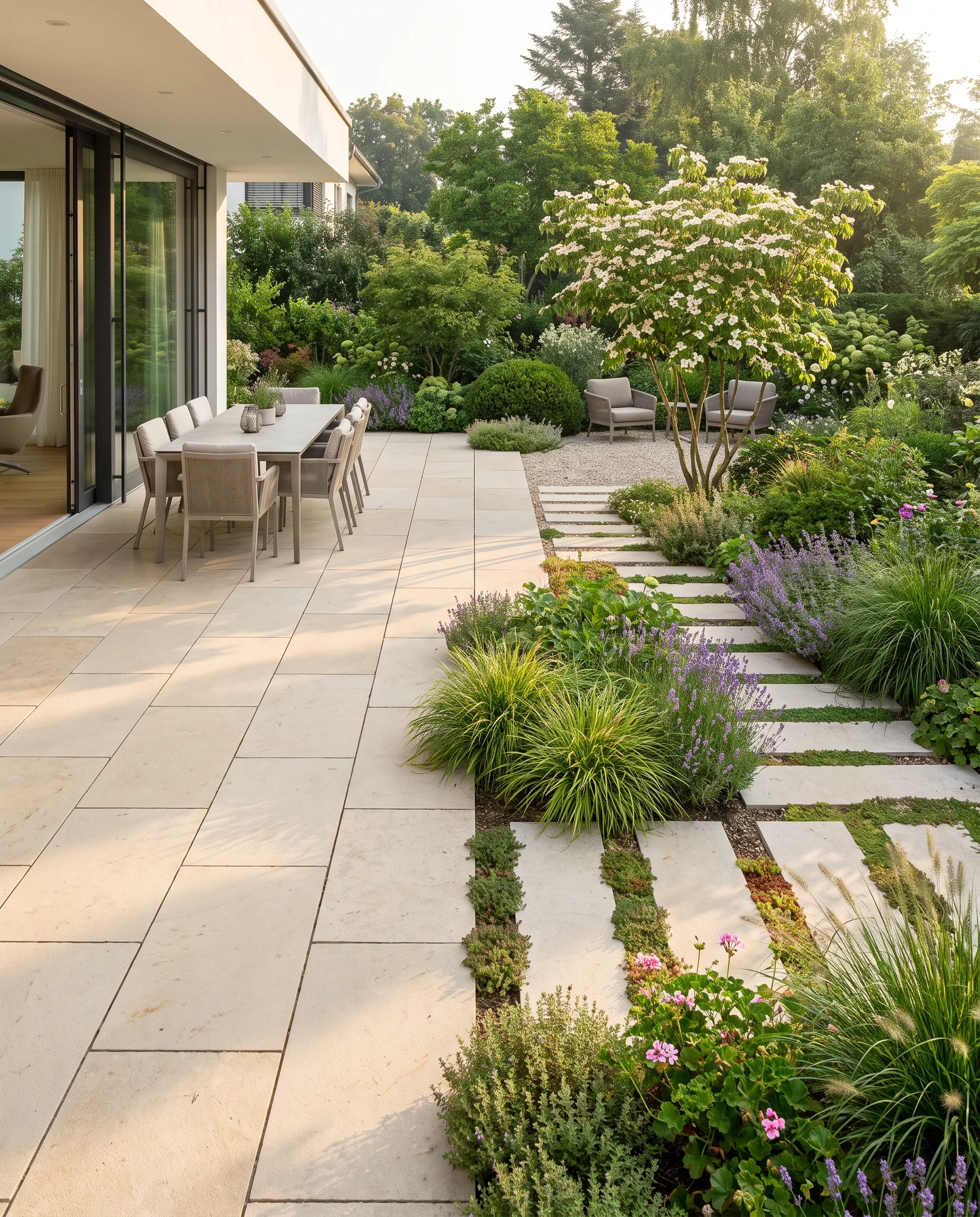 Large, light natural stone terrace in large-format slabs with dining table, slab strips with planted joints and a lounge on gravel