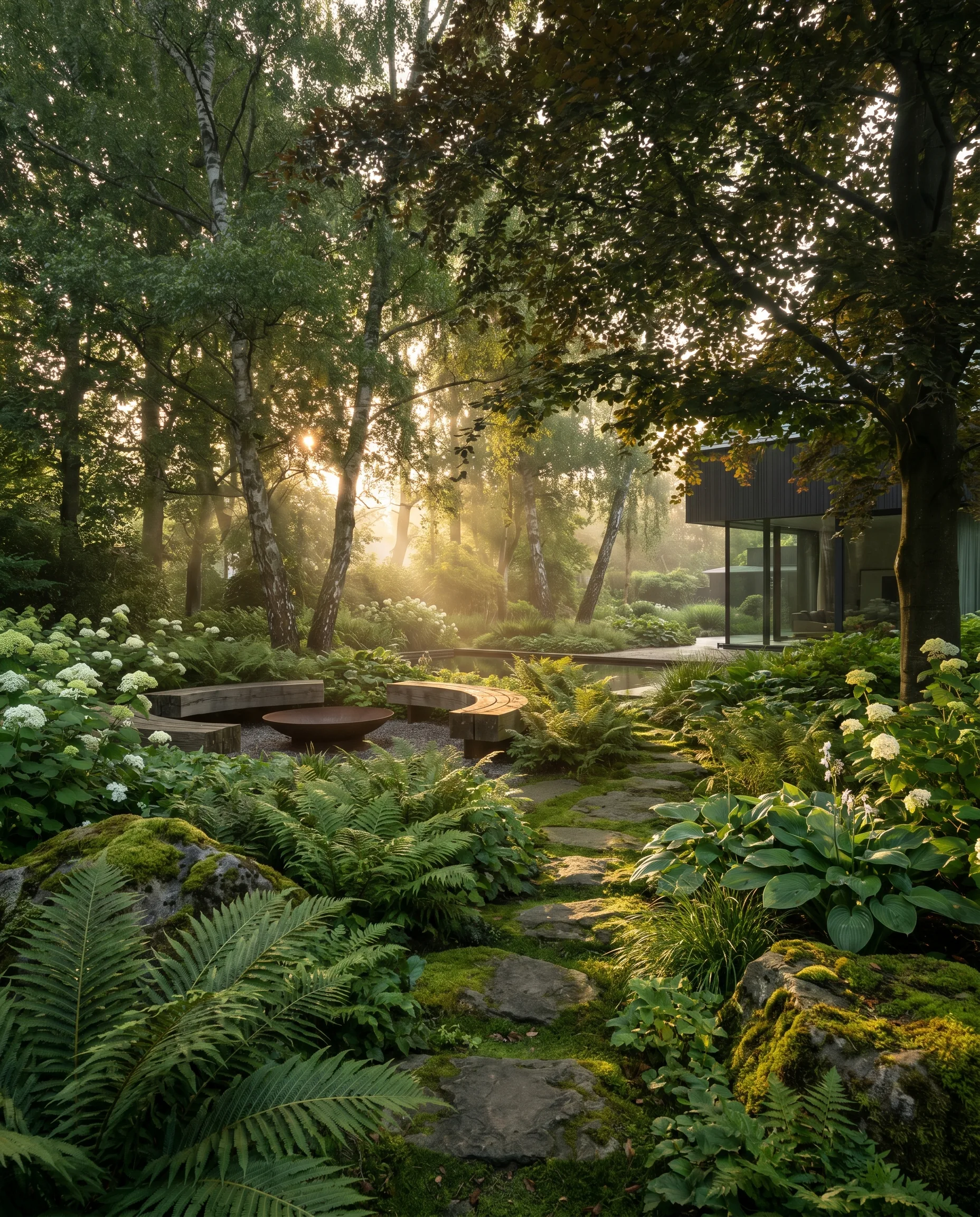 Naturnaher Premiumgarten im Morgenlicht: Natursteinweg durch Farne und Hostas, Cortenstahl-Feuerschale, Birken im Sonnendunst.
