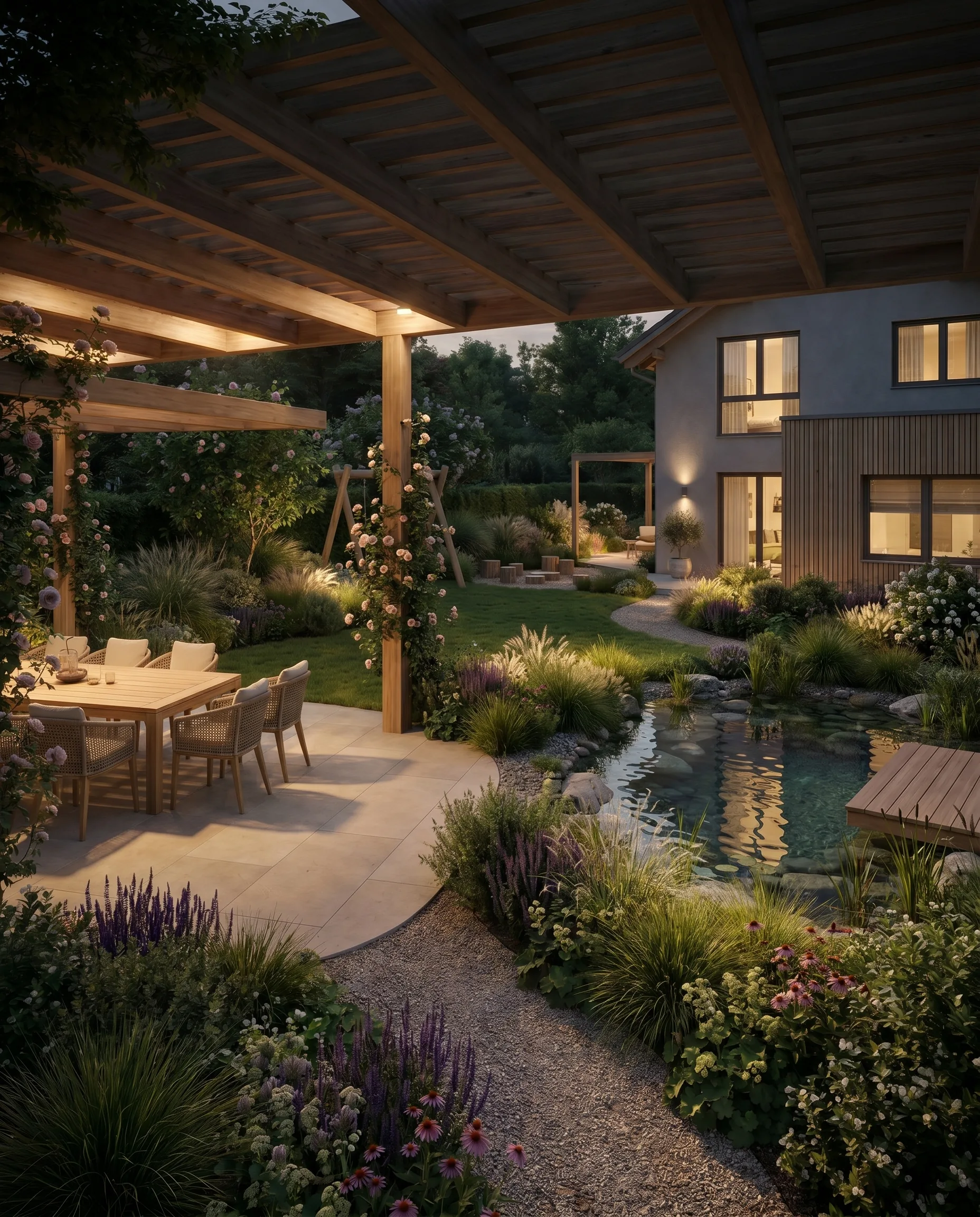 Hochwertige Gartengestaltung mit beleuchteter Holzpergola, Kletterrose, Ziergräsern und Teich in stimmungsvoller Abenddämmerung.