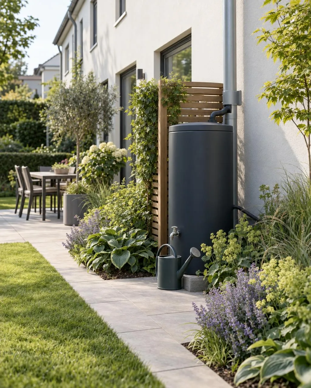 Slim anthracite rainwater tank with a closed lid at the downpipe of a terraced house, framed by a timber screen and beds of hostas, lady's mantle and catmint, with a watering can in front