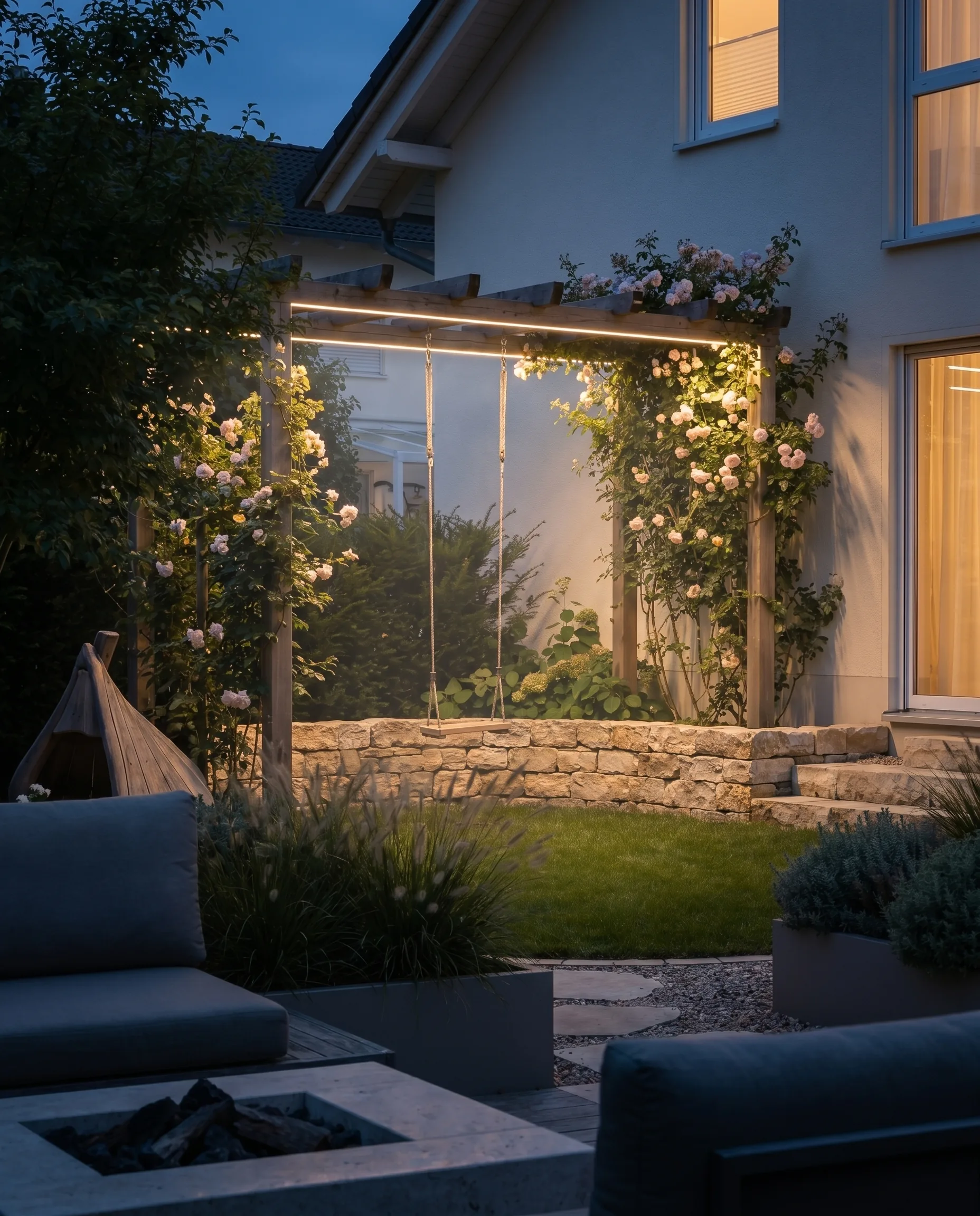 Hochwertige Außengestaltung bei Dämmerung: beleuchtete Holzpergola mit Seilschaukel, blühende Kletterrosen und Natursteinmauer im warmen LED-Licht.