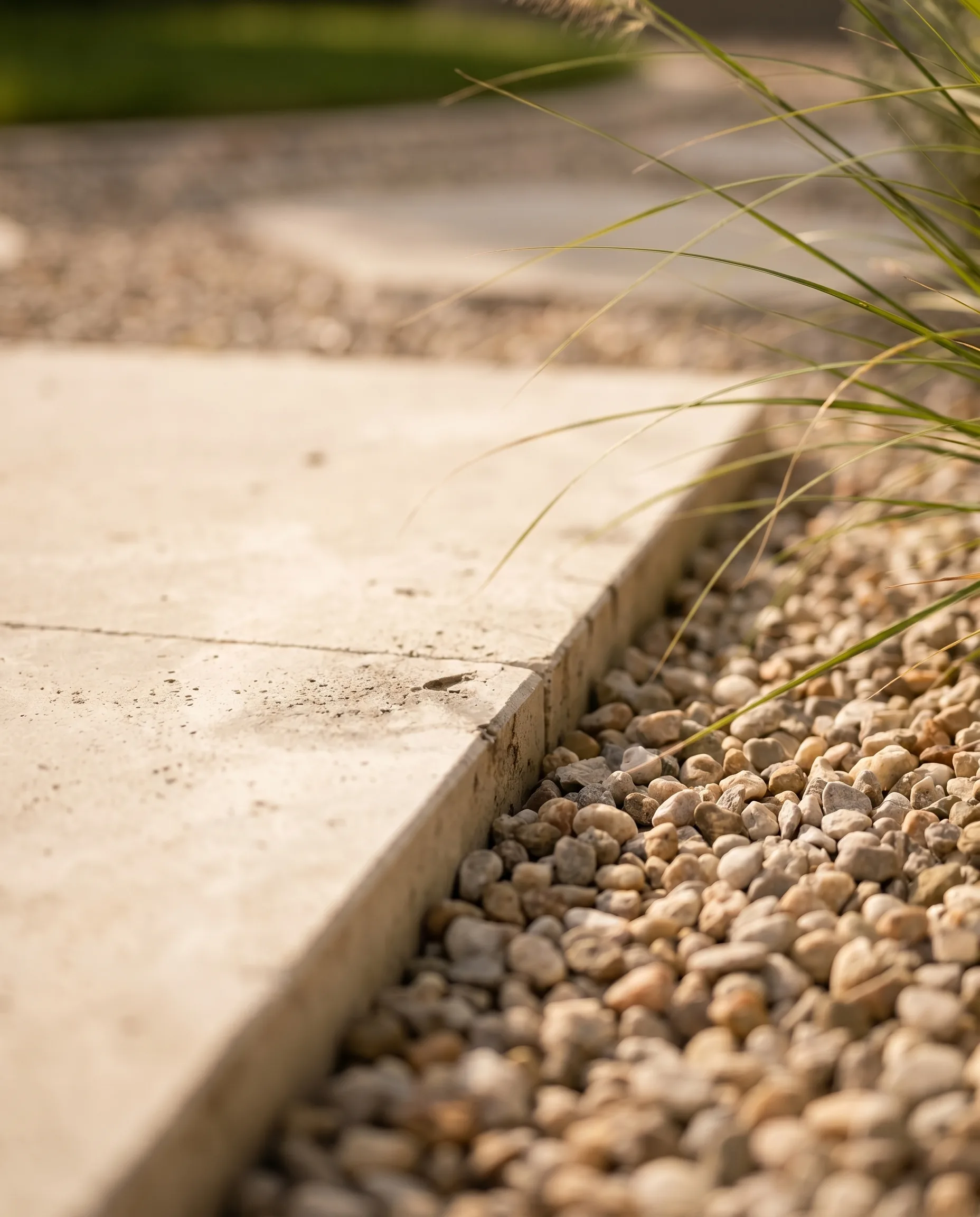 Nahaufnahme einer hellen Natursteinplatte neben Kiesbelag mit einzelnen Grashalmen – sorgfältige Materialwahl beim modernen Gartenentwurf.