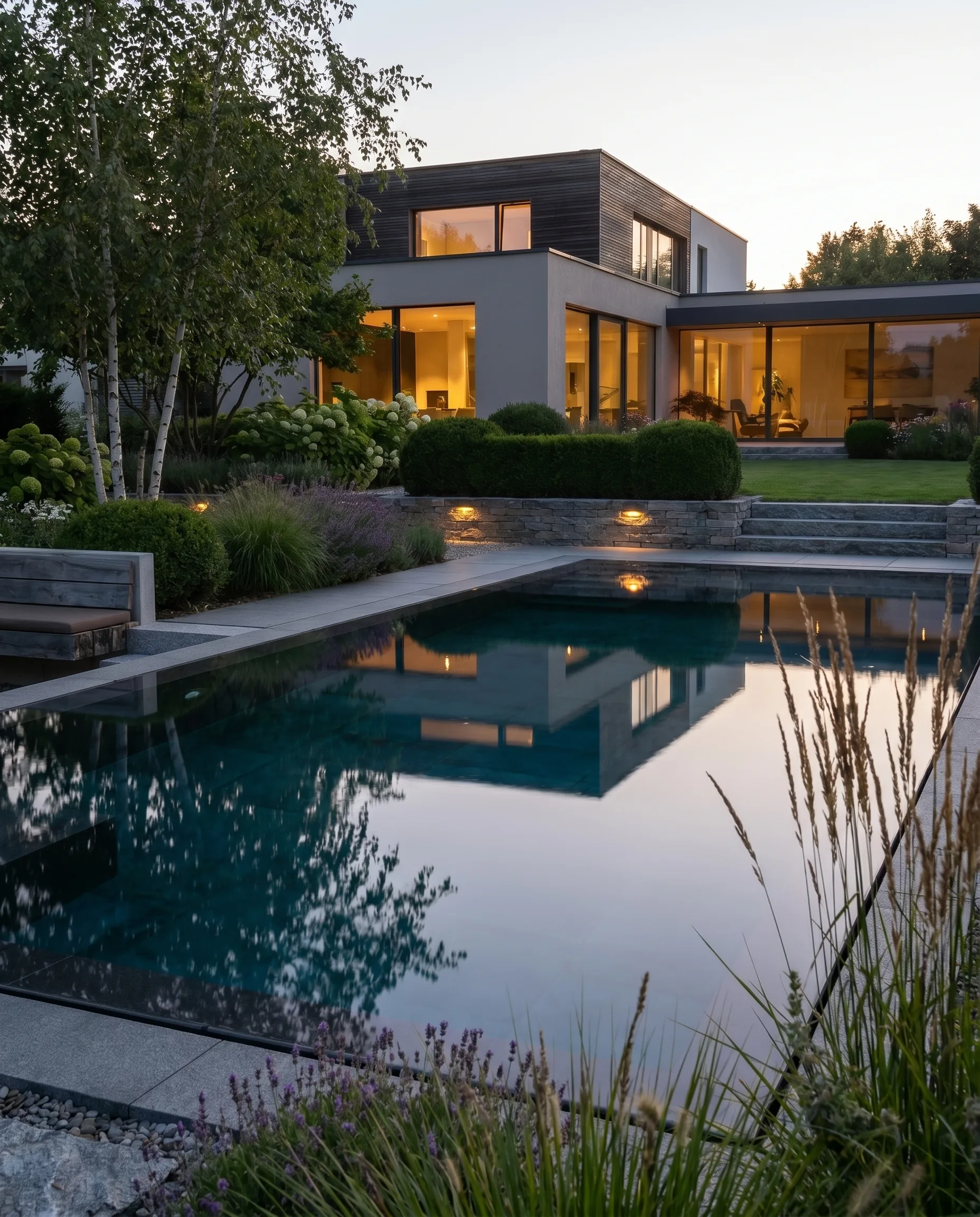 Professionelle Außengestaltung: Infinity-Pool spiegelt warm erleuchtetes Kubus-Haus, Natursteinmauer mit Bodenleuchten im Abendlicht.