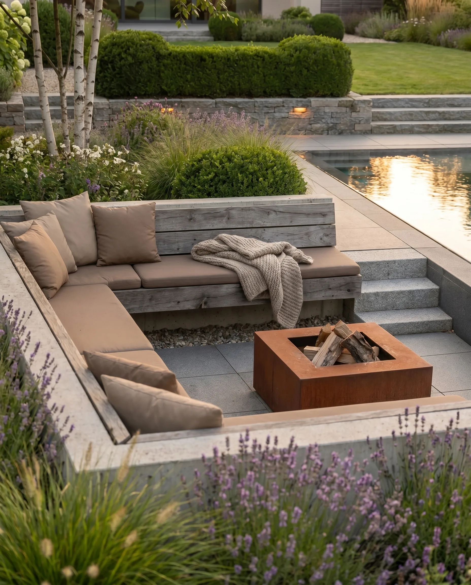 Hochwertige Gartengestaltung: Holzlounge mit Kissen, quadratischer Cortenstahl-Feuerschale und Lavendel vor Buchsbaumkugeln.