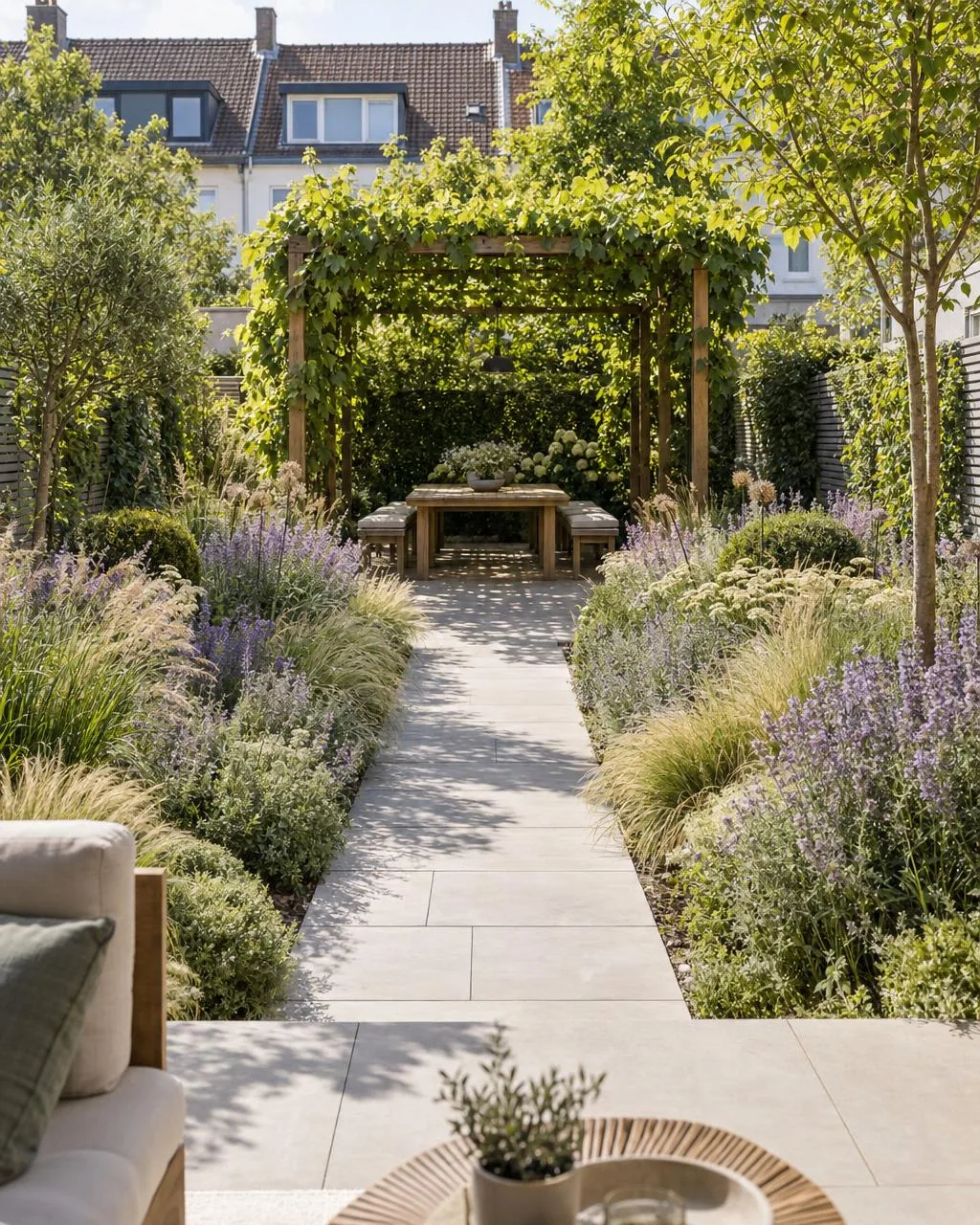 Freestanding timber pergola with a dense roof of vine leaves over a dining table with benches, a straight paved path between beds of catmint, sage and grasses in front