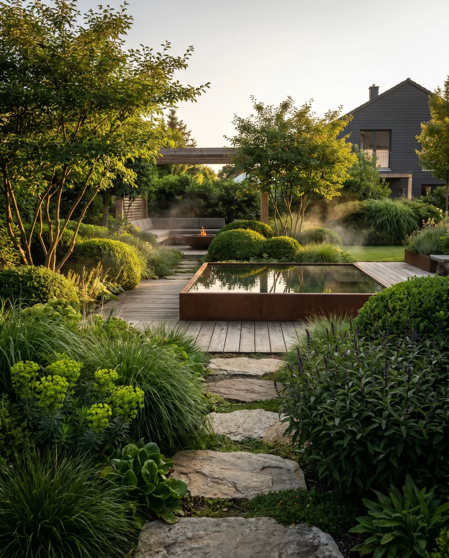 Moderner Gartenentwurf mit Cortenstahl-Wasserbecken, Holzdeck, Natursteinpfad, runden Buchsbällen und Pergola im Abendlicht.