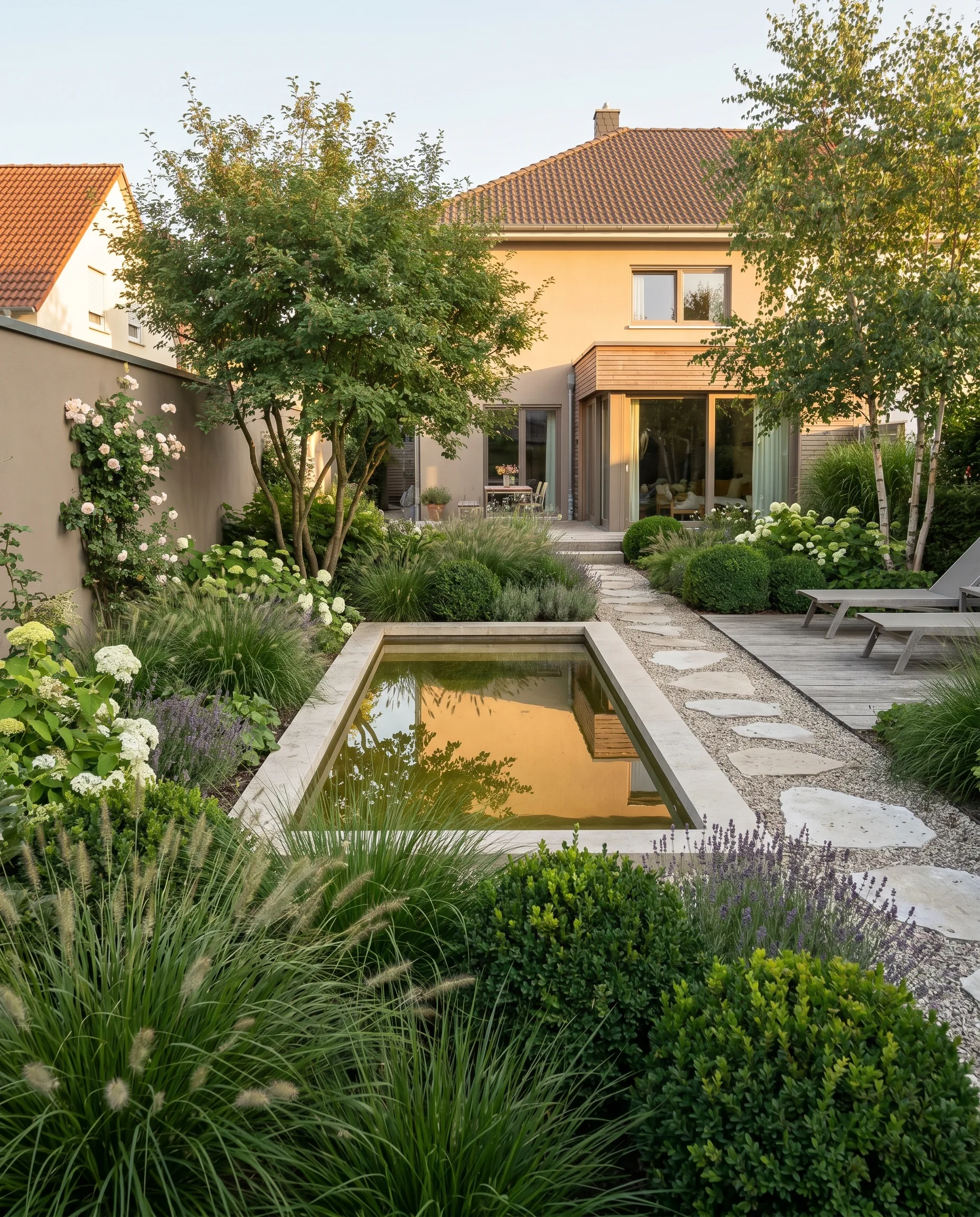 Garden at a detached house with a rectangular water basin, stepping stones in gravel, a wooden deck with loungers, birches, hydrangeas and grasses in the evening light