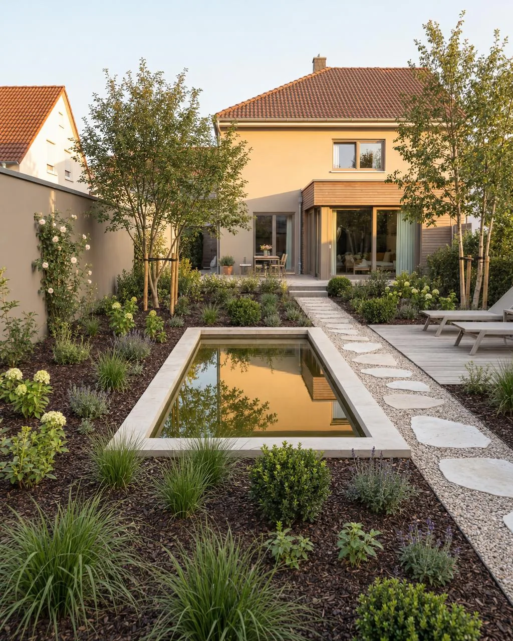 The same garden on the day of completion: young perennials and grasses with plenty of mulch in between, small hydrangeas, young hedge plants and slimmer trees