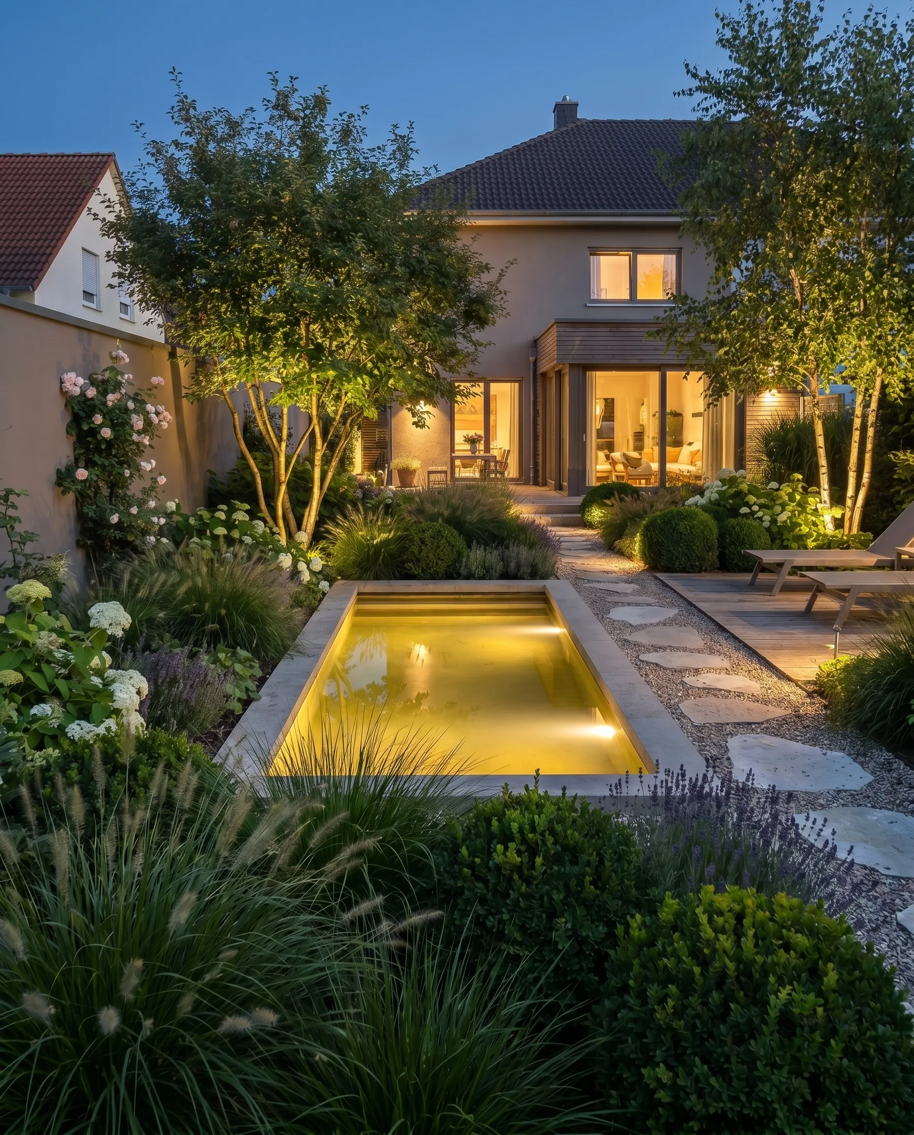 Garden at dusk with an illuminated water basin, stepping stones, loungers, birches and warmly lit windows