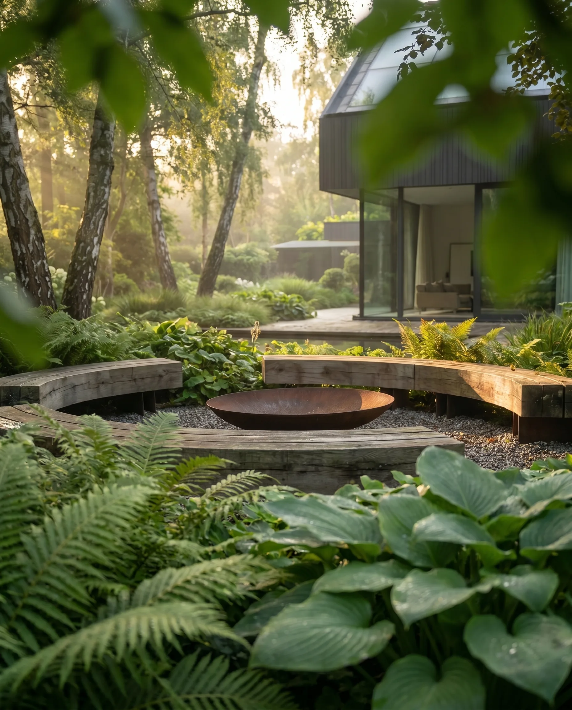 Hochwertige Gartengestaltung: runde Cortenstahl-Feuerschale auf Holzbank-Ring, umgeben von Farnen und Hostas im Morgennebel.