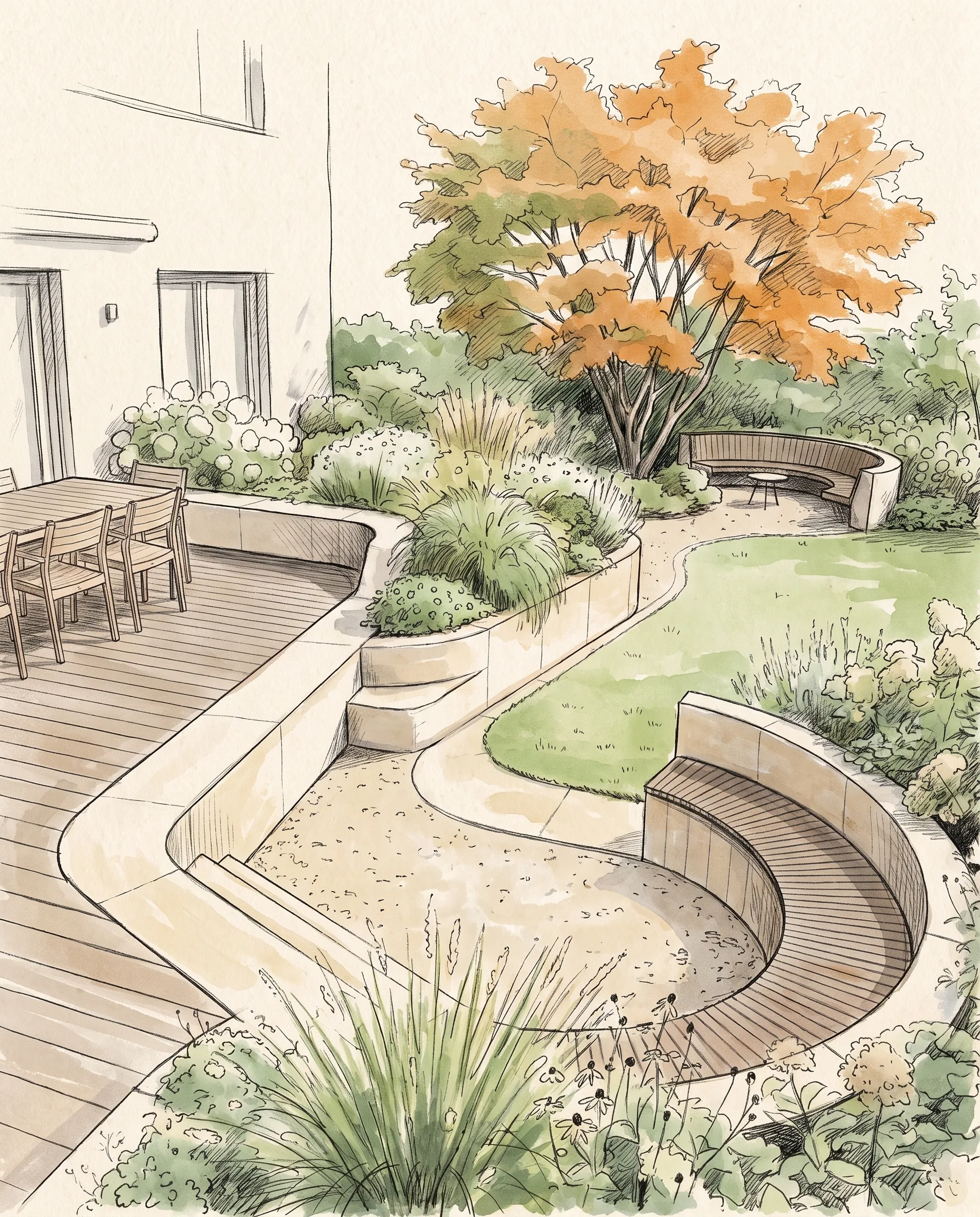 Aquarellskizze eines Gartens: Holzterrasse mit Esstisch, geschwungene helle Mauern mit runder Sitzbank, Rasenfläche und ein Baum in orangefarbener Herbstfärbung