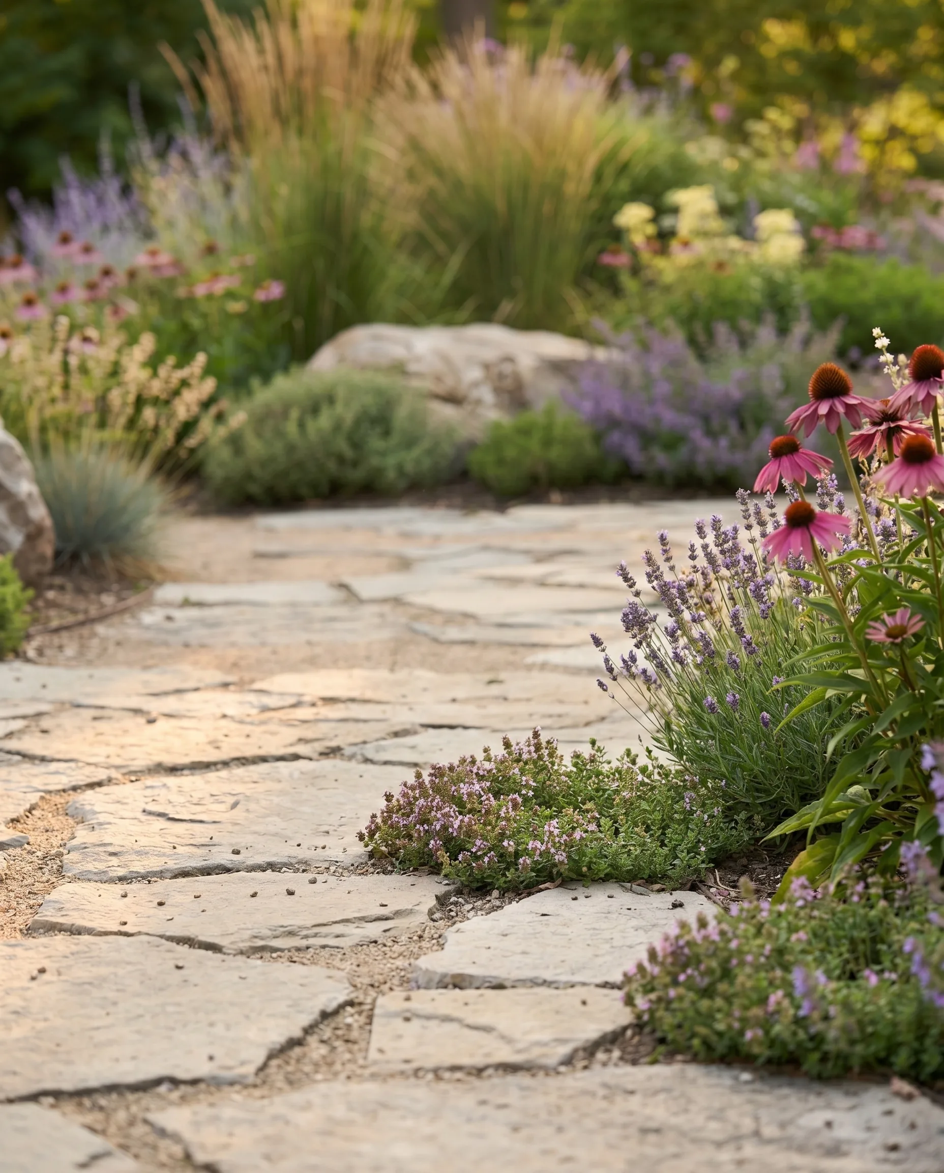 Natural stone slabs between low cushion plants, flowering perennials and grasses in the evening light
