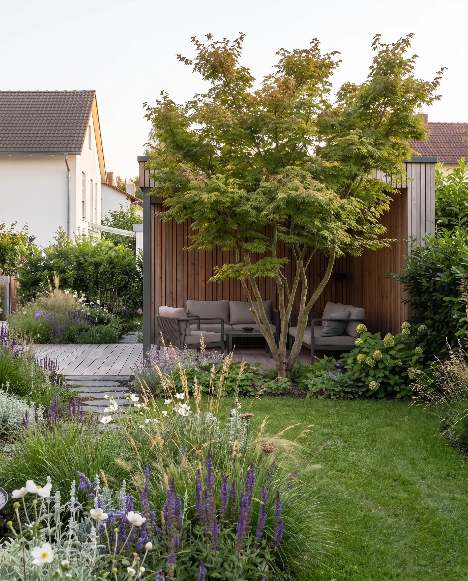 Residential garden in a housing estate with open wooden garden house, lounge under a Japanese maple, wooden deck, lawn and perennial bed