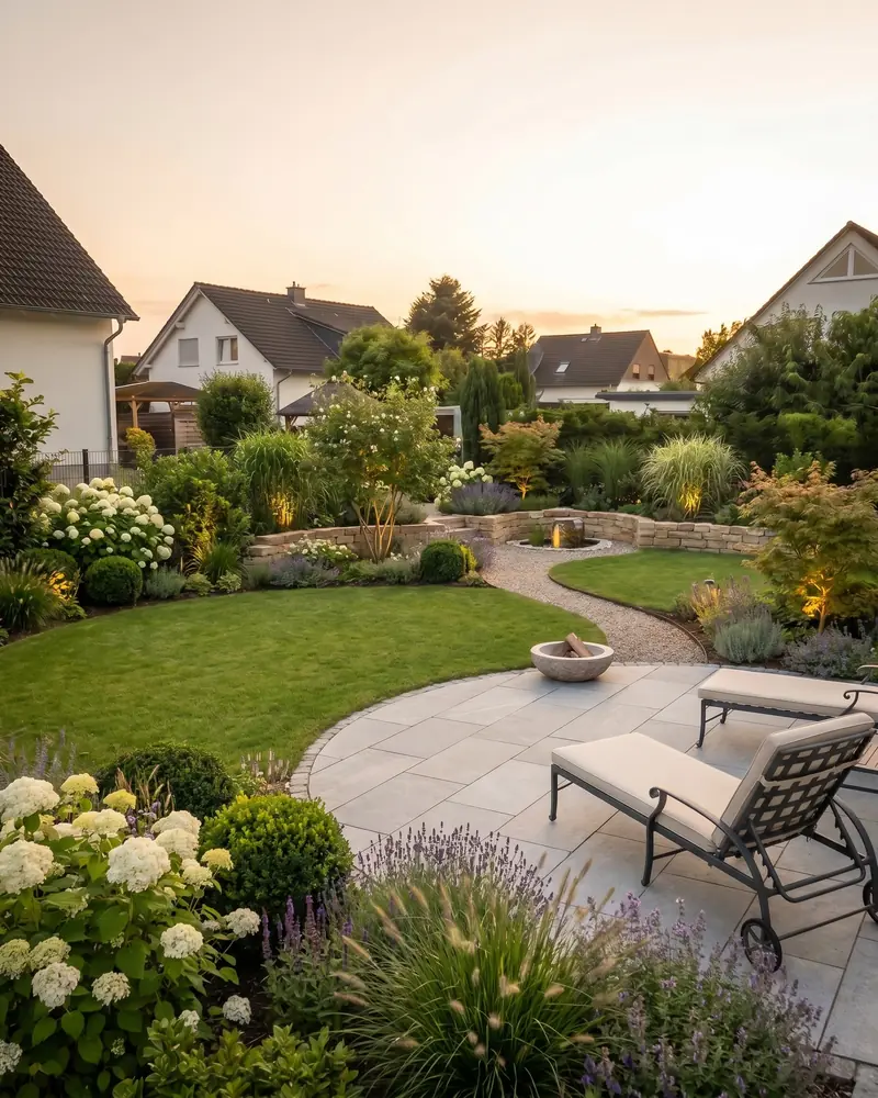GardenPilot design with a round lawn, light paving and a perennial planting all around