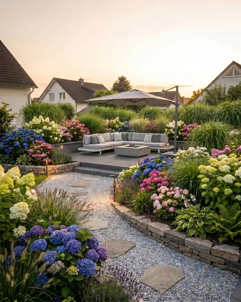 GardenPilot design with a curving gravel path, lush flowering plants and a seating area on a timber deck