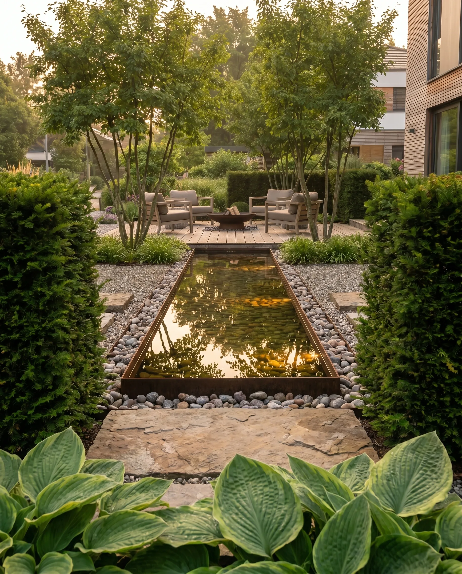 Moderner Gartenentwurf mit rechteckigem Cortenstahl-Teich, Kiesbeeten, Holzdeck und Loungesessel im warmem Abendlicht.
